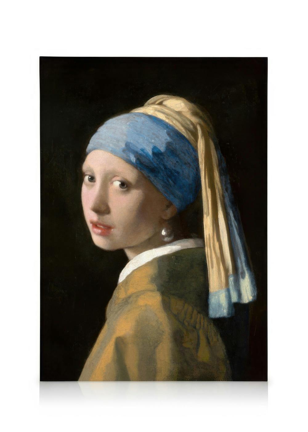 Leinwandbild des Gemäldes Das Mädchen mit dem Perlenohrring von Vermeer, das eine junge Frau mit blauem Turban und Perle zeigt.
