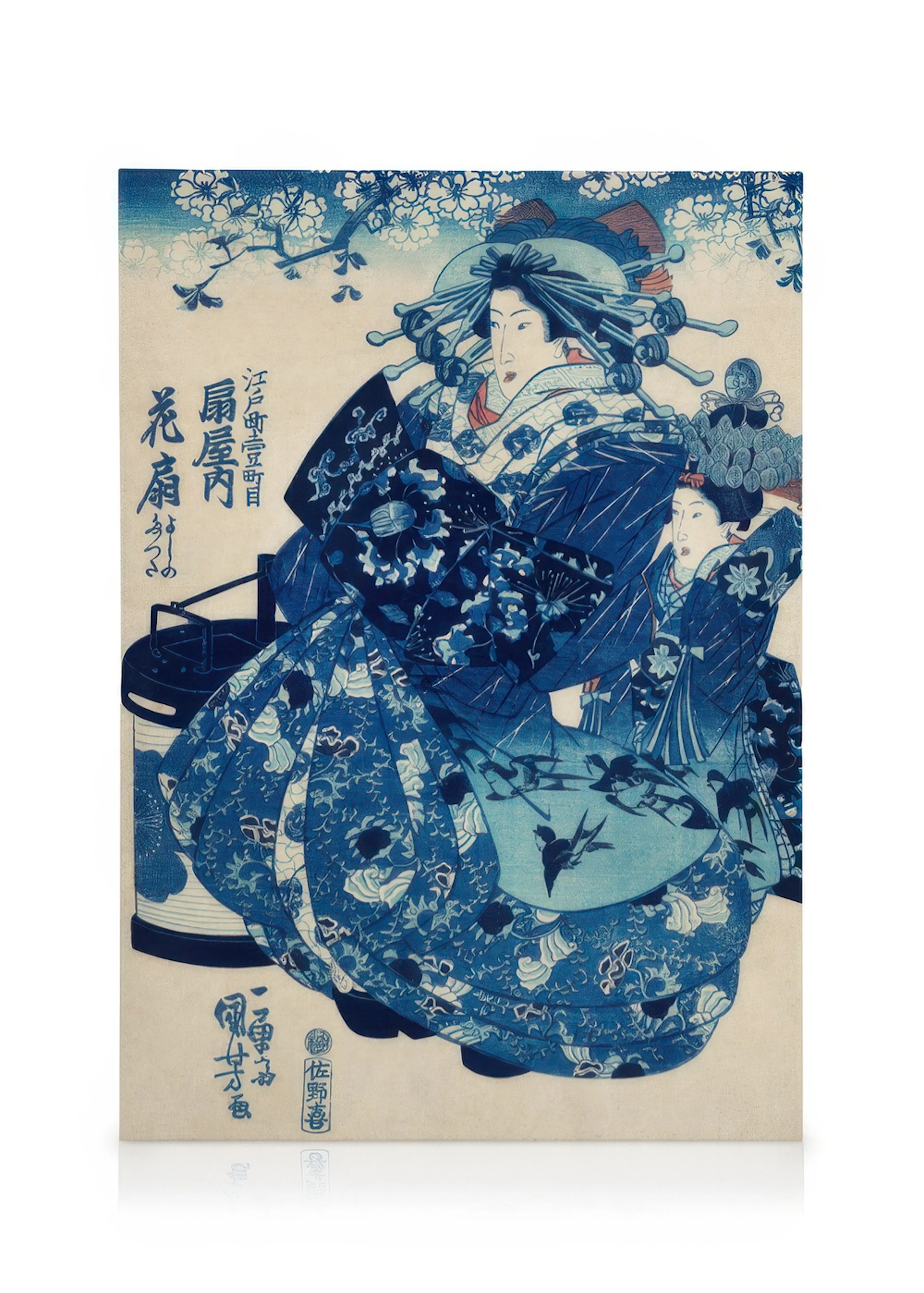 A traditional Japanese ukiyo-e canvas print featuring two women in intricate blue kimonos and ornate hairstyles, with Japanese t