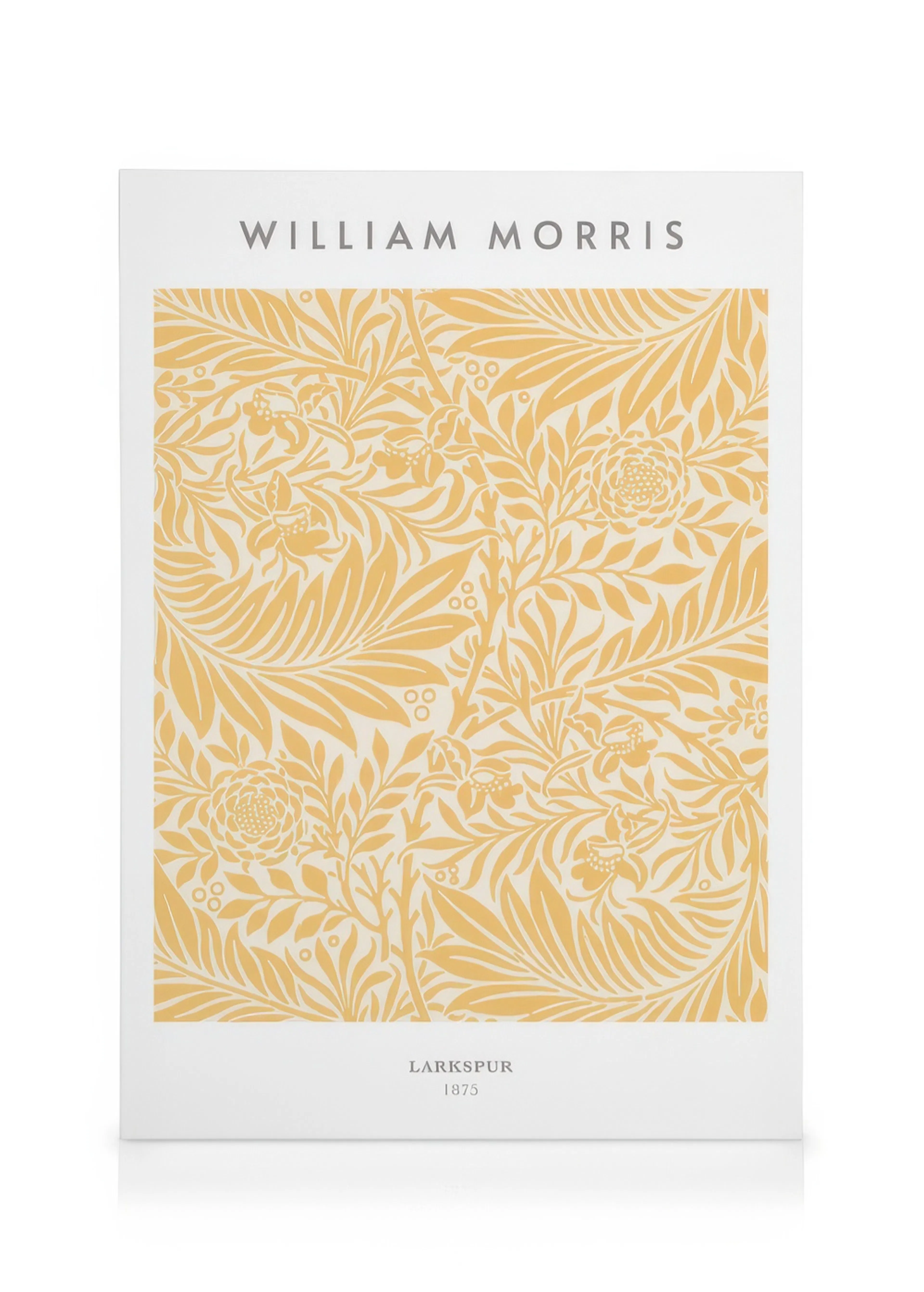 A William Morris Larkspur 1875 canvas, featuring a repeating pattern of yellow leaves and flowers on a cream background.