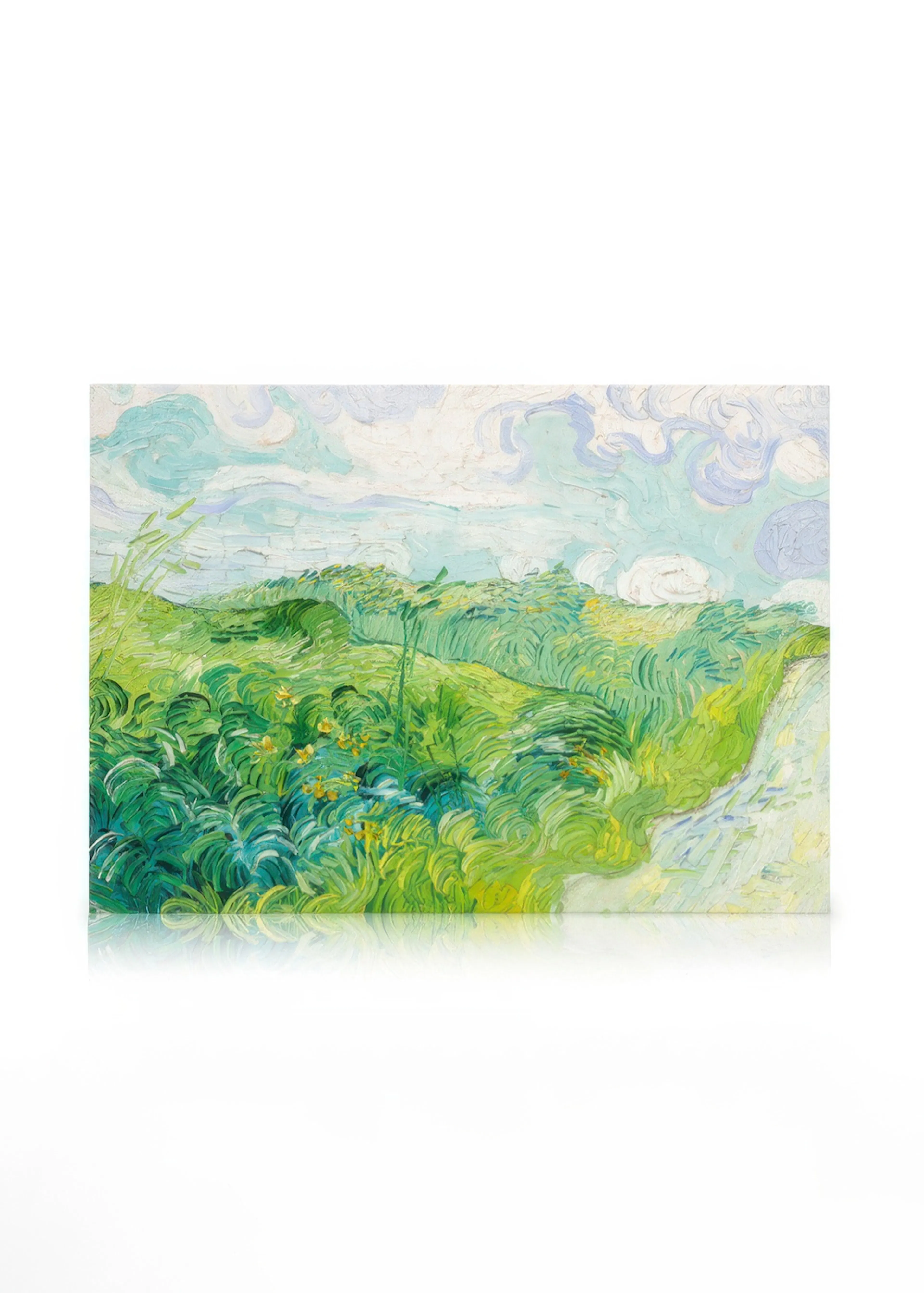 A canvas of a vibrant green landscape with rolling hills, thick brushstrokes, and a light blue sky with clouds.