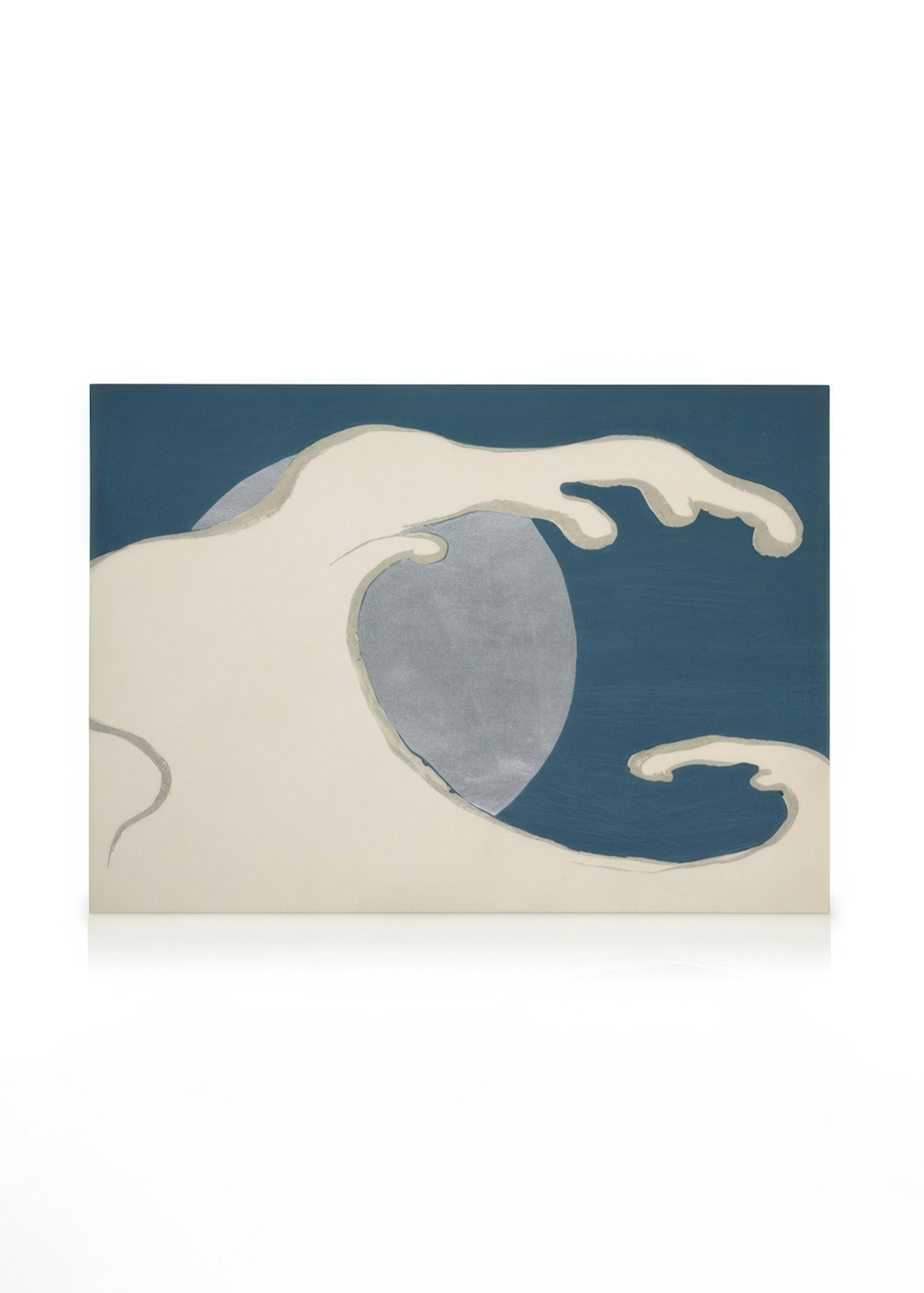 A canvas featuring a stylized beige ocean wave with silver highlights against a dark blue background and a silver moon.