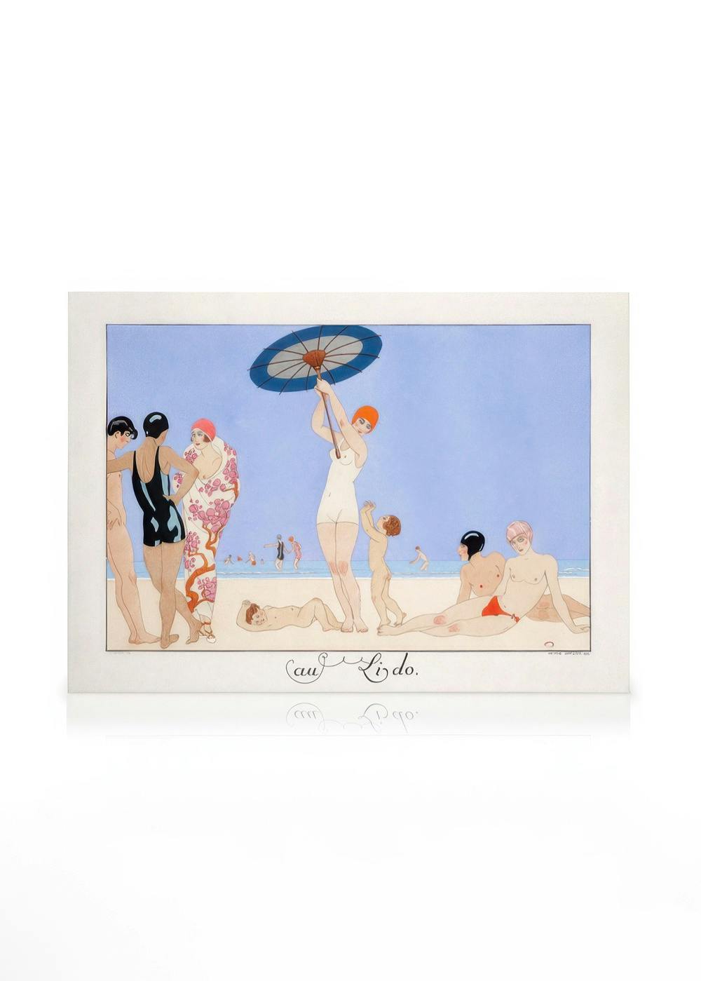 Obraz na płótnie przedstawiający scenę plażową z lat 20. XX wieku w stylu art déco, z eleganckimi postaciami w strojach kąpielow