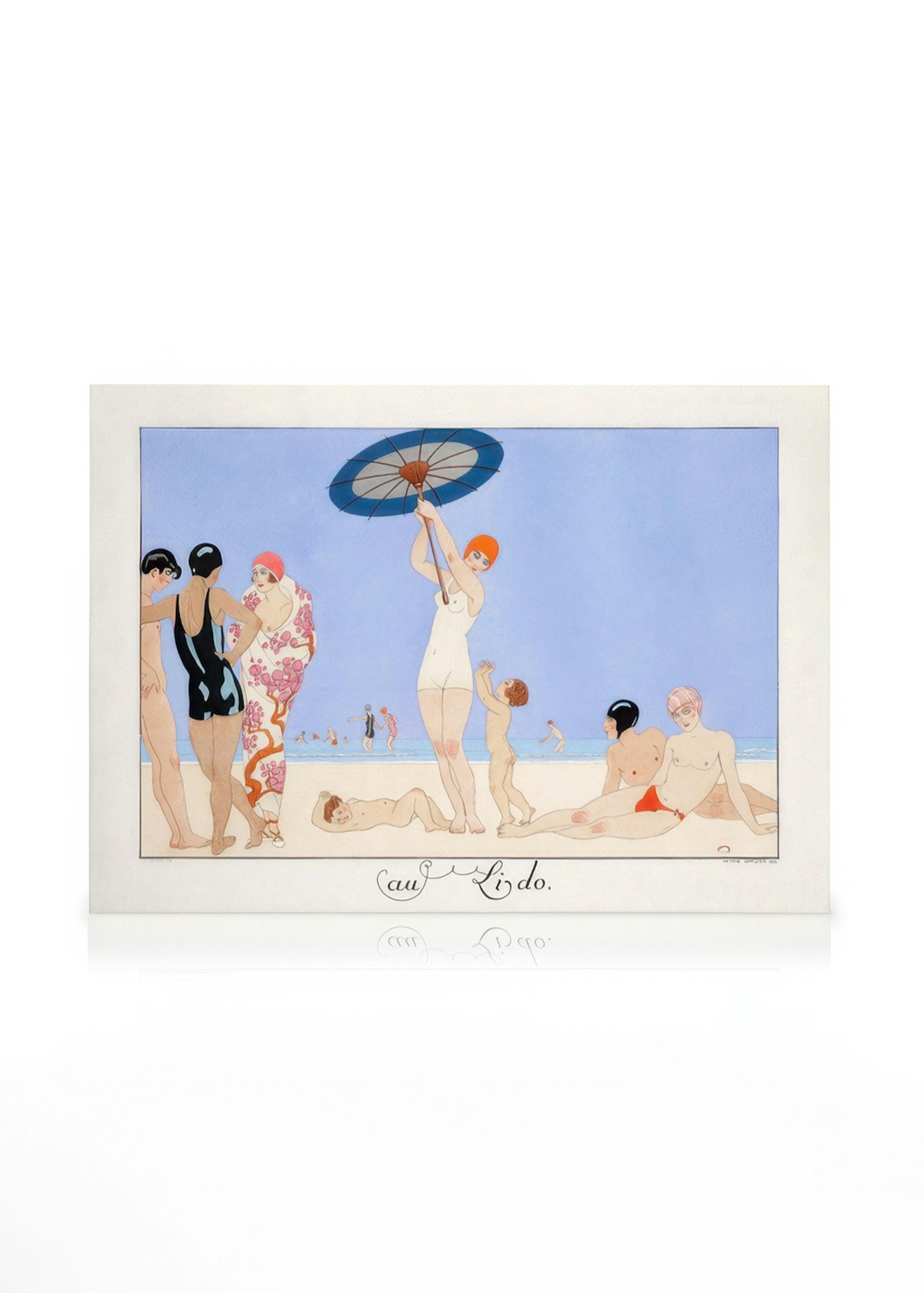 Obraz na płótnie przedstawiający scenę plażową z lat 20. XX wieku w stylu art déco, z eleganckimi postaciami w strojach kąpielow