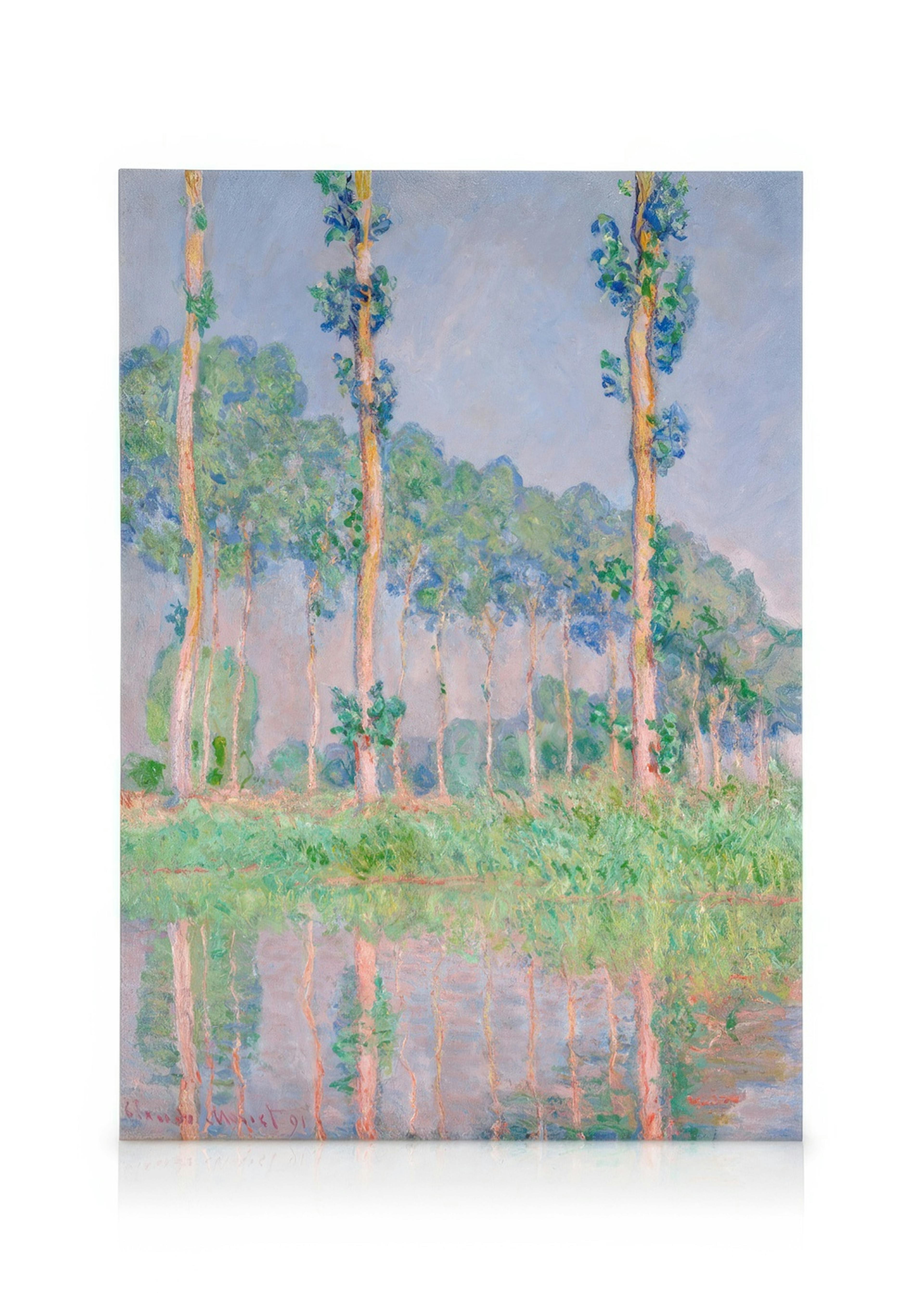 Stampa su tela di un paesaggio impressionista con alberi e il loro riflesso sullacqua, su sfondo azzurro.