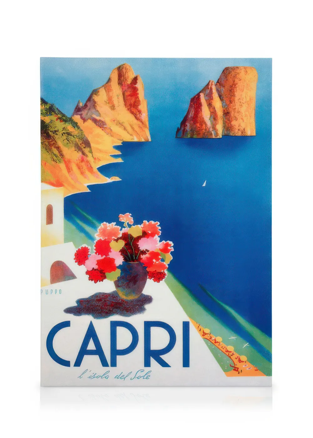 Vibrant Capri travel poster canvas with cliffside buildings, a flower vase, and distant rock formations on the sea.