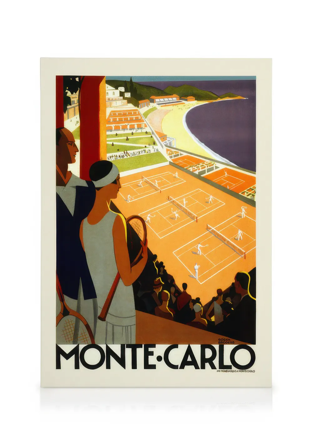A vintage Monte Carlo tennis canvas featuring spectators overlooking orange courts, a beach, and the sea.