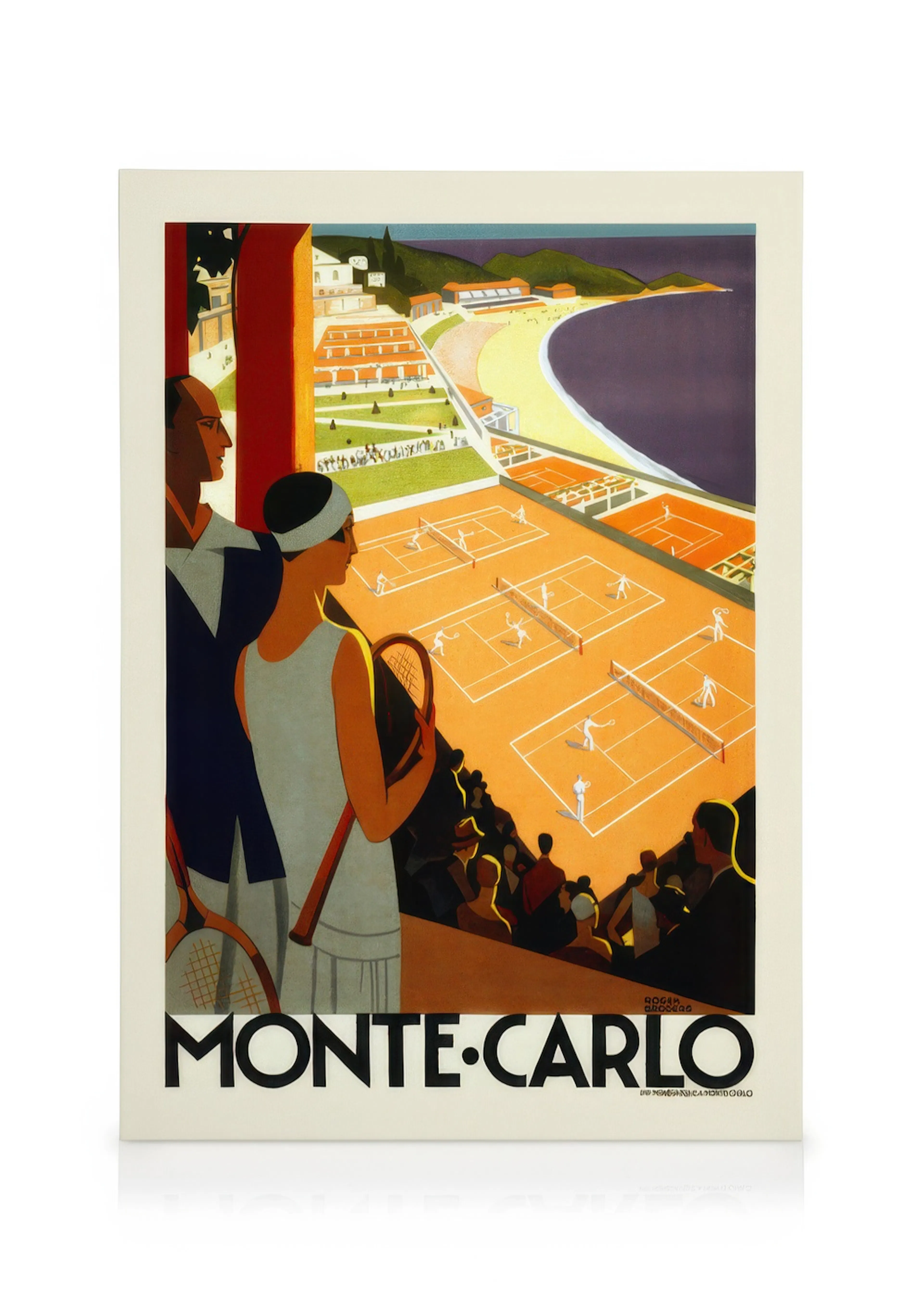 A vintage Monte Carlo tennis canvas featuring spectators overlooking orange courts, a beach, and the sea.