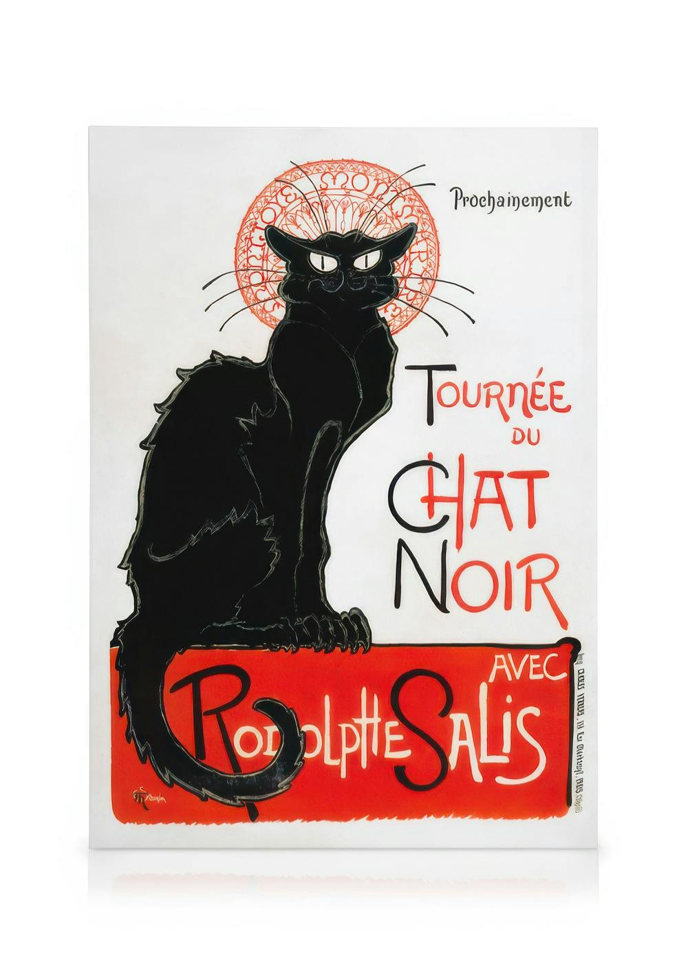 A vintage French poster canvas featuring a black cat with a red patterned halo, advertising Tournée du Chat Noir.