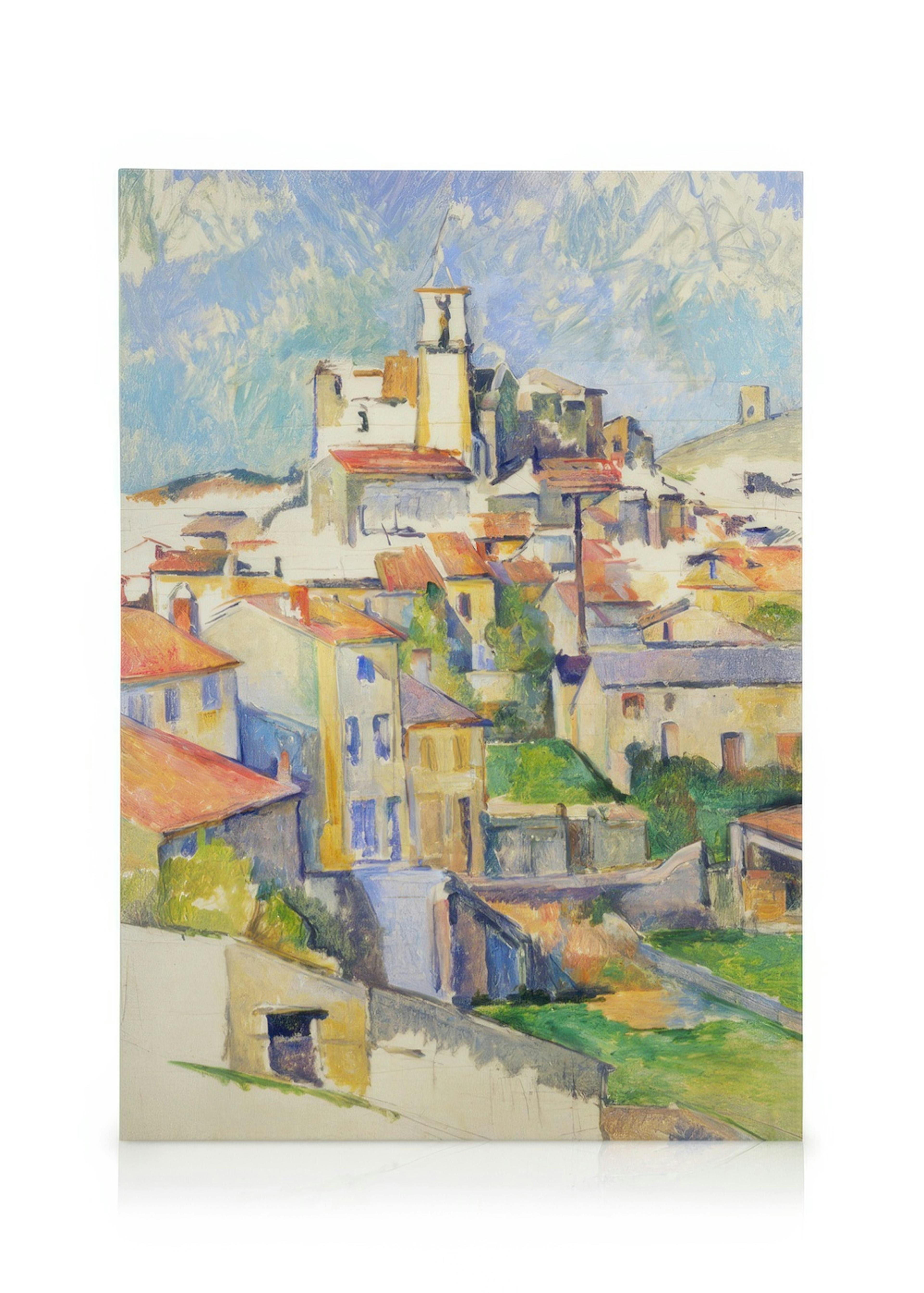 Toile représentant un paysage urbain de village en hauteur avec des maisons aux toits rouges et une église.