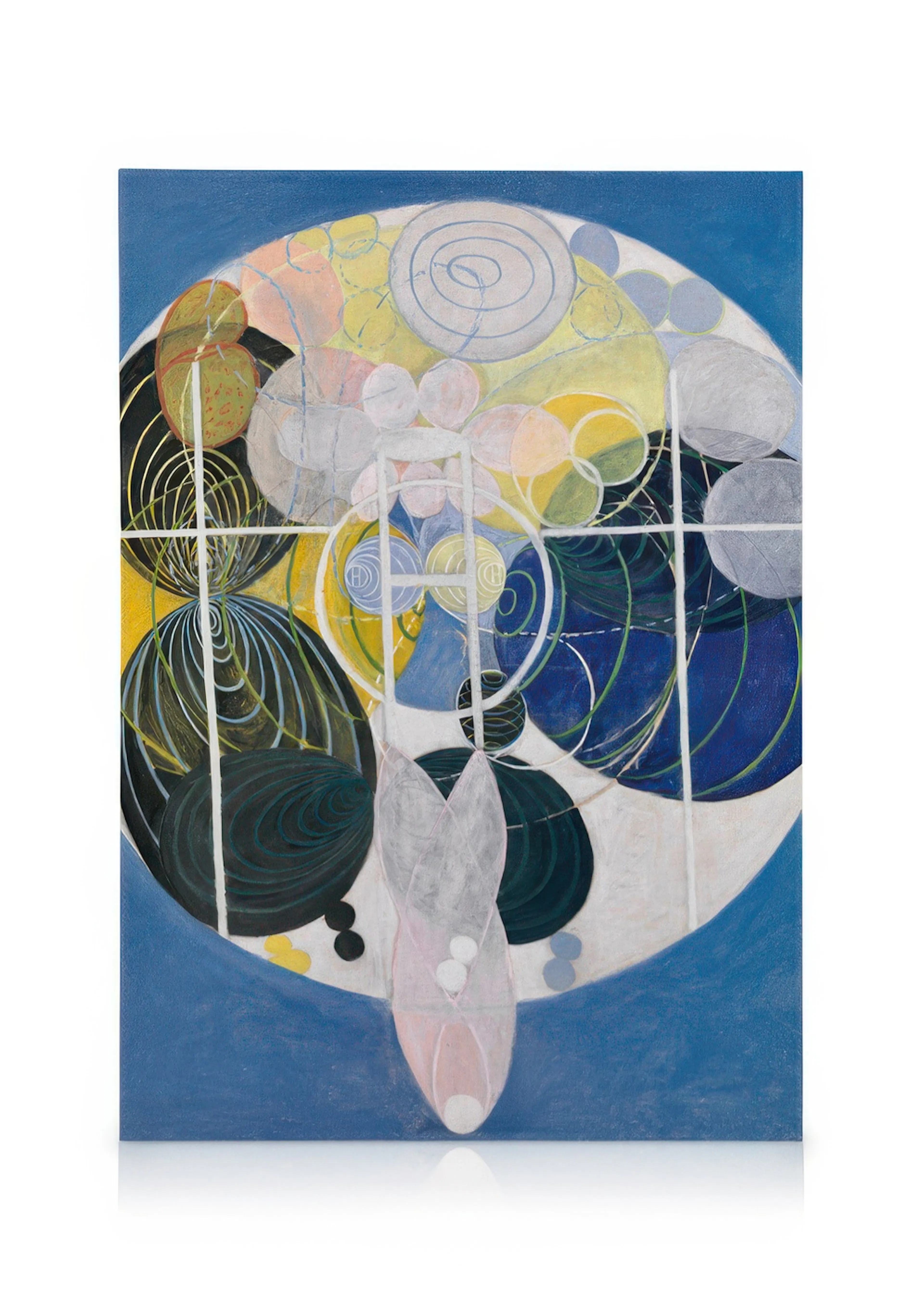A canvas displaying an abstract painting with a large central circle filled with swirling shapes and lines in blue, yellow, and 