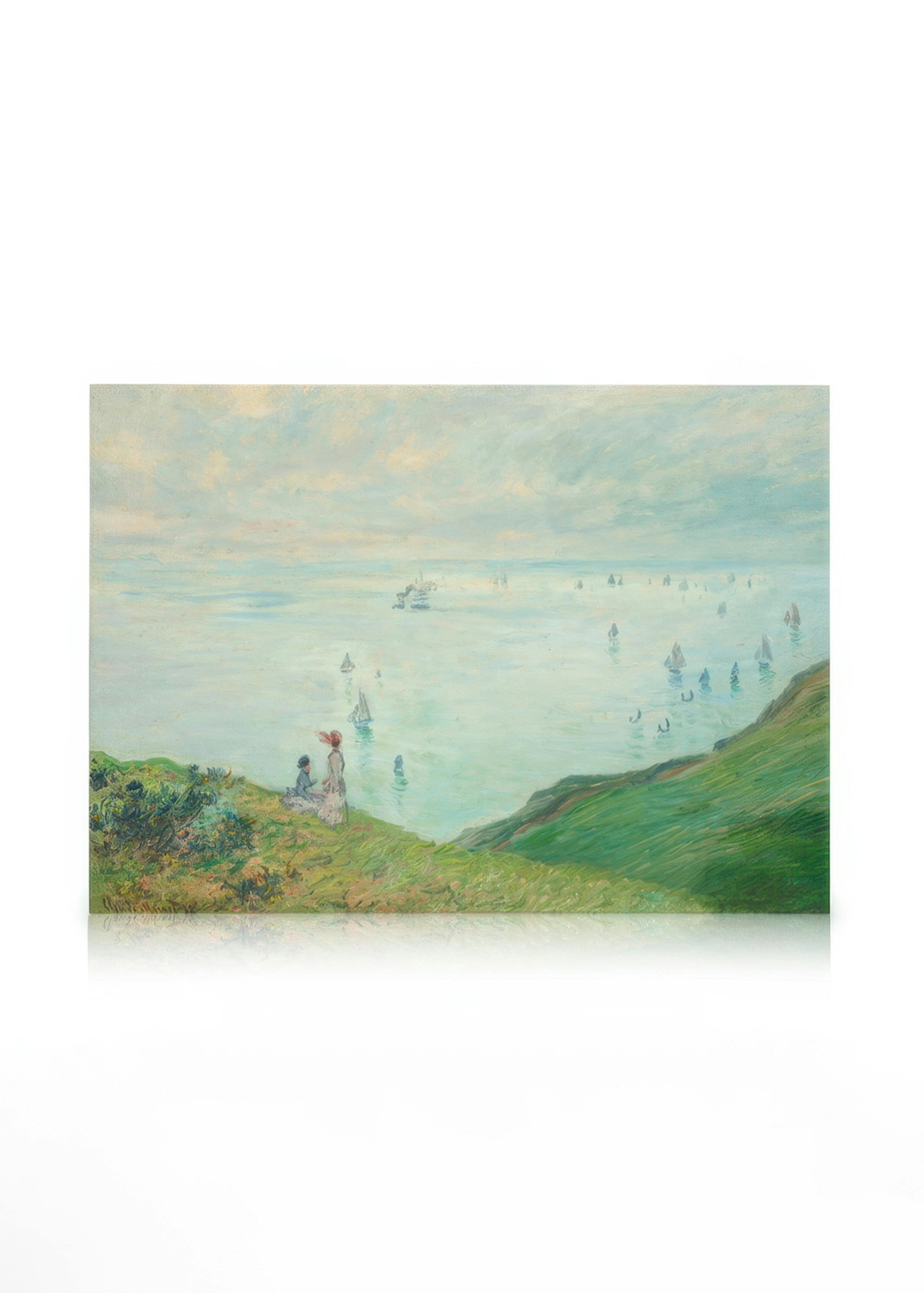 A canvas depicting a woman and child on a grassy cliff overlooking a calm, light blue sea with numerous sailboats.