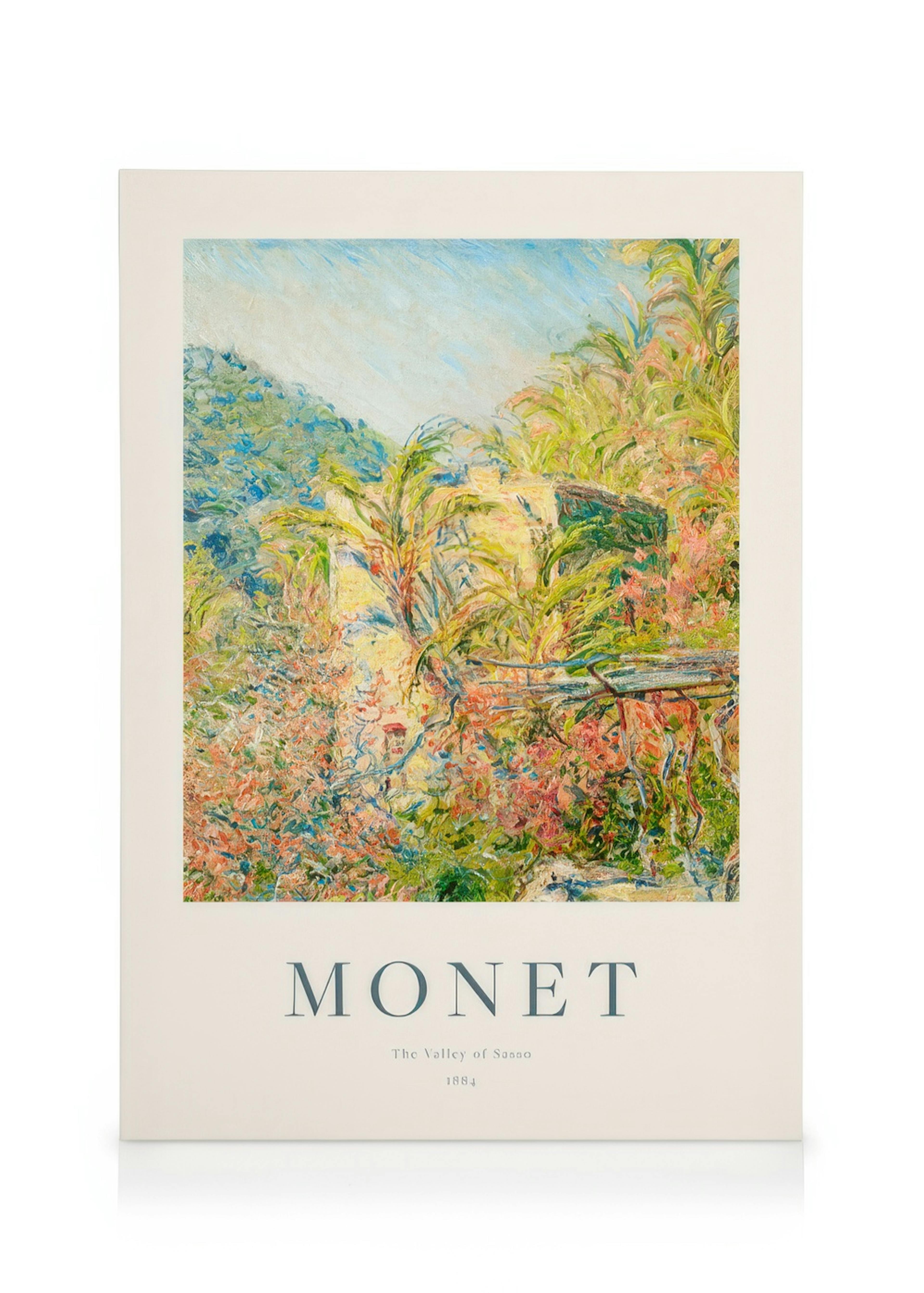 Stampa su tela di Monet, La Valle di Sasso, del 1884, con paesaggio montano e vegetazione lussureggiante.