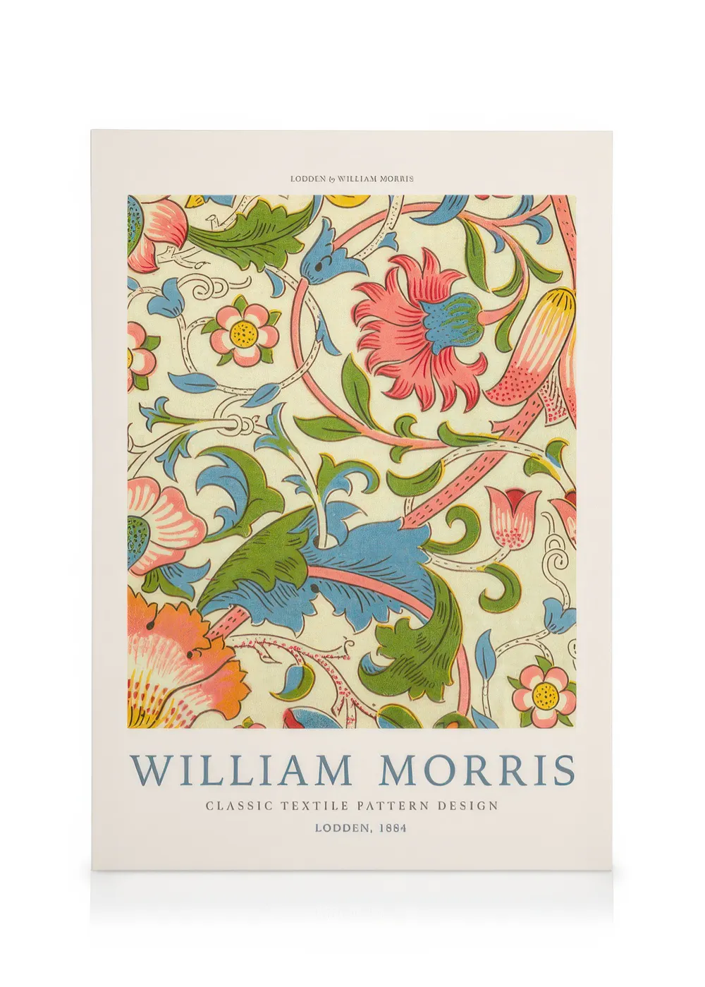 A canvas featuring a classic William Morris Lodden textile pattern with pink, blue, and green floral motifs.
