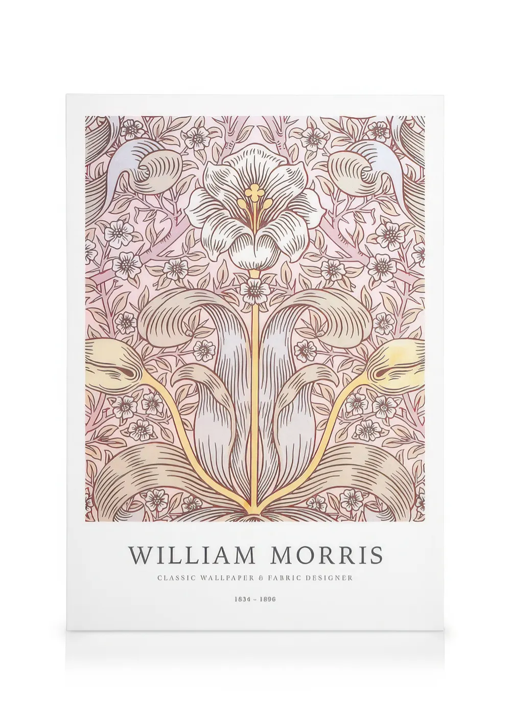 A canvas featuring a William Morris floral design with a large stylized white and yellow flower on a pink background.