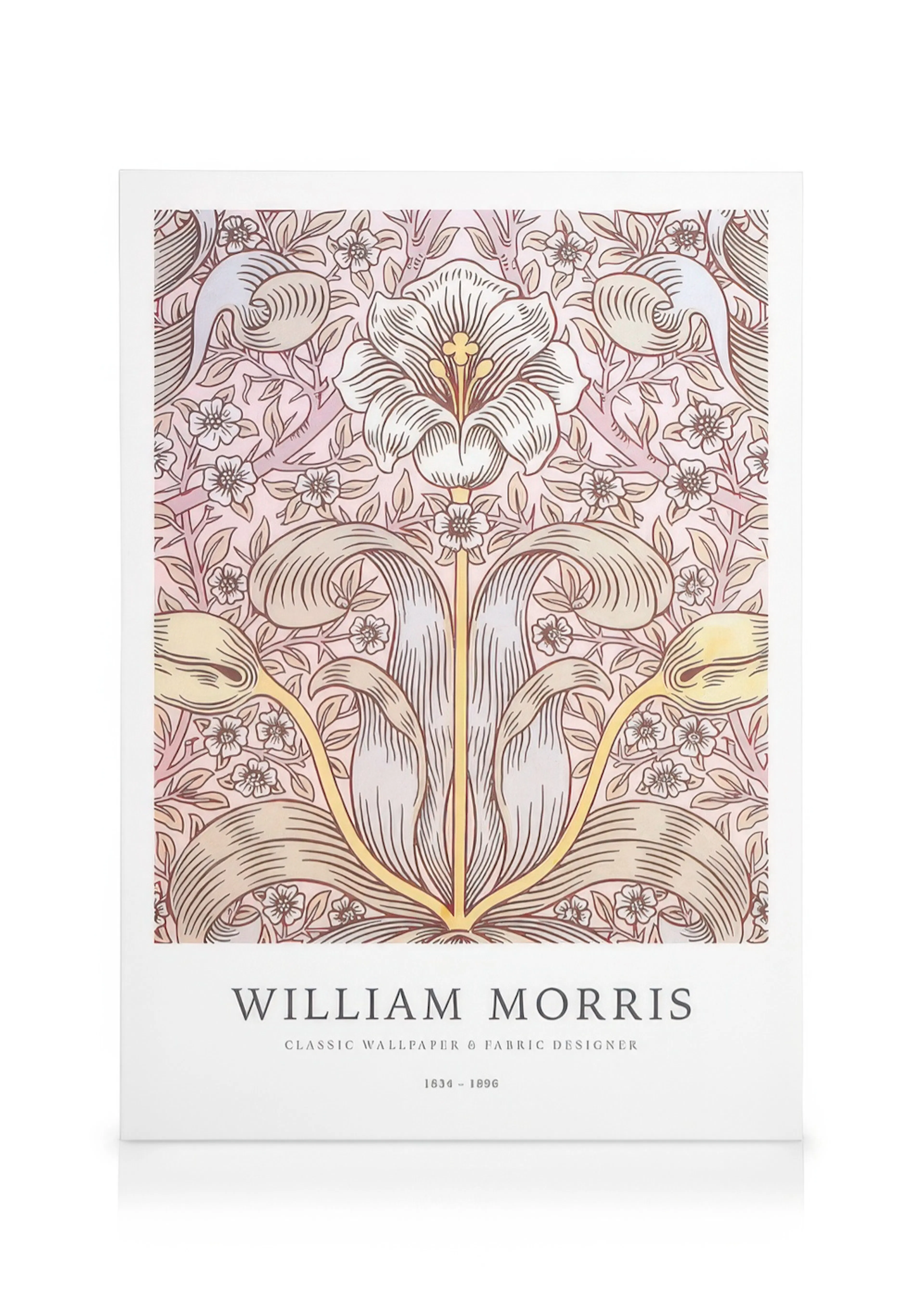 A canvas featuring a William Morris floral design with a large stylized white and yellow flower on a pink background.