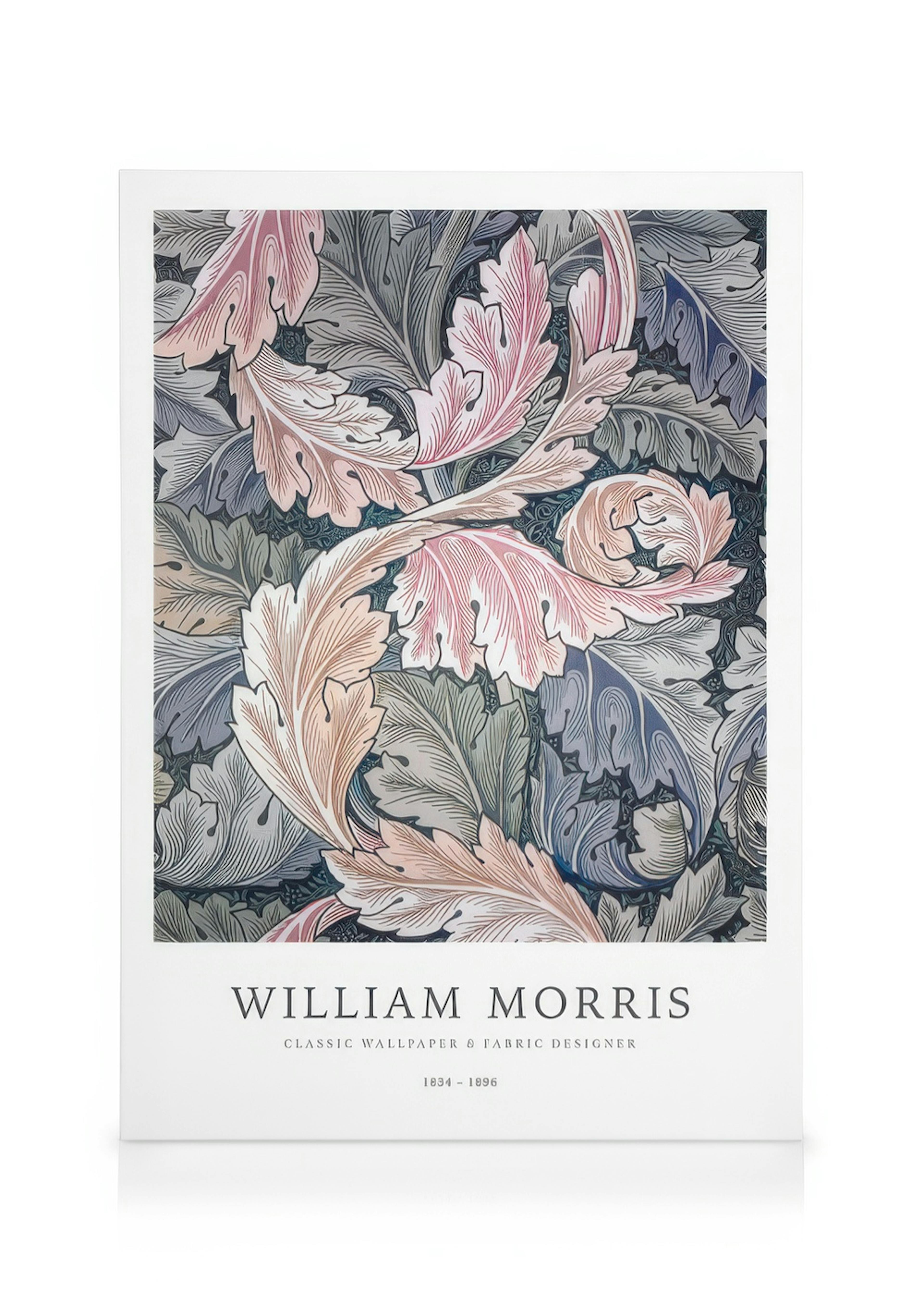 Leinwandbild mit William Morris Muster: geschwungene Blätter in Pastellrosa, Beige, Blau und Grau auf dunklem Hintergrund.