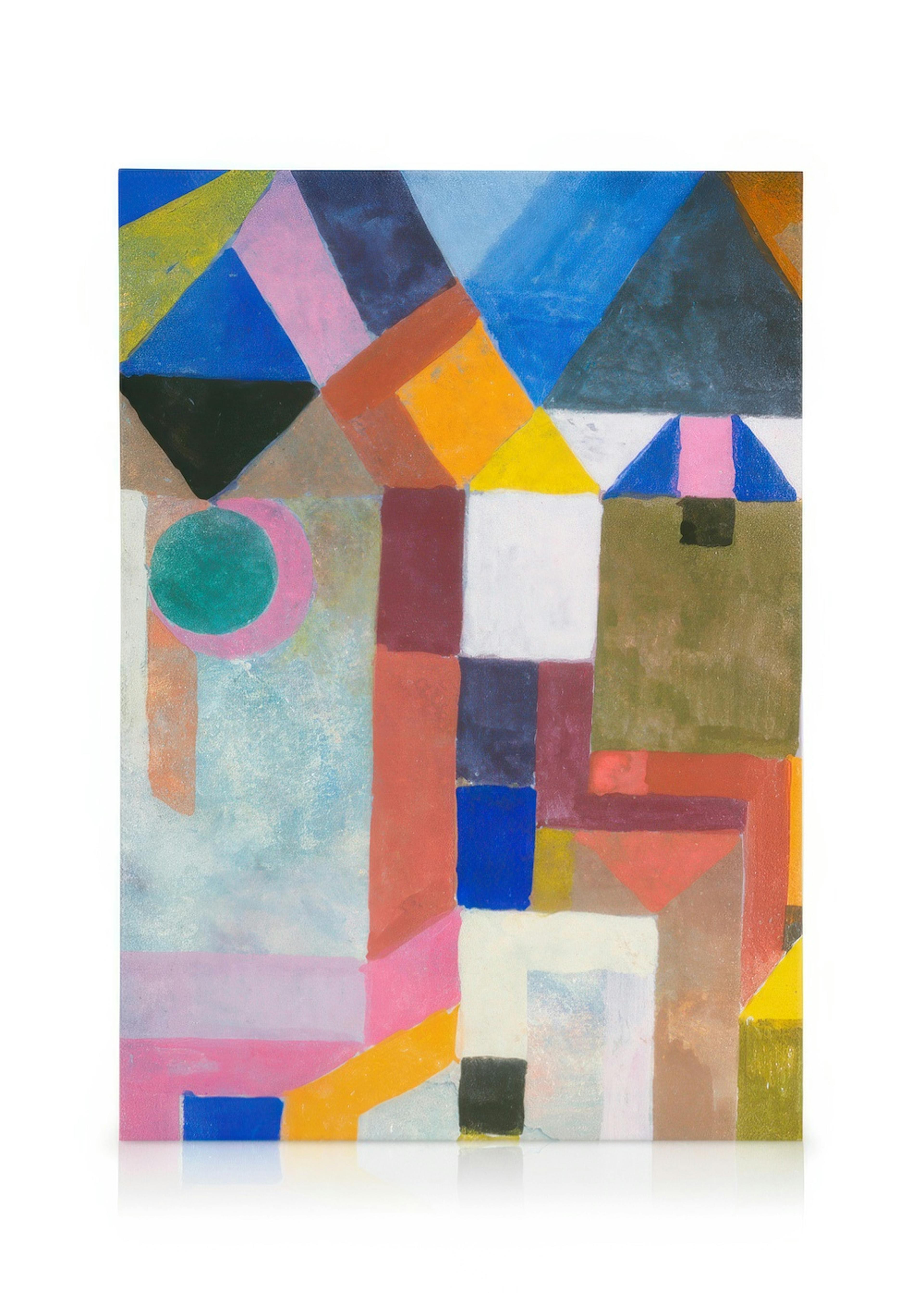 Lienzo abstracto con formas geométricas en tonos azules, rosas, naranjas y marrones, creando una composición colorida.