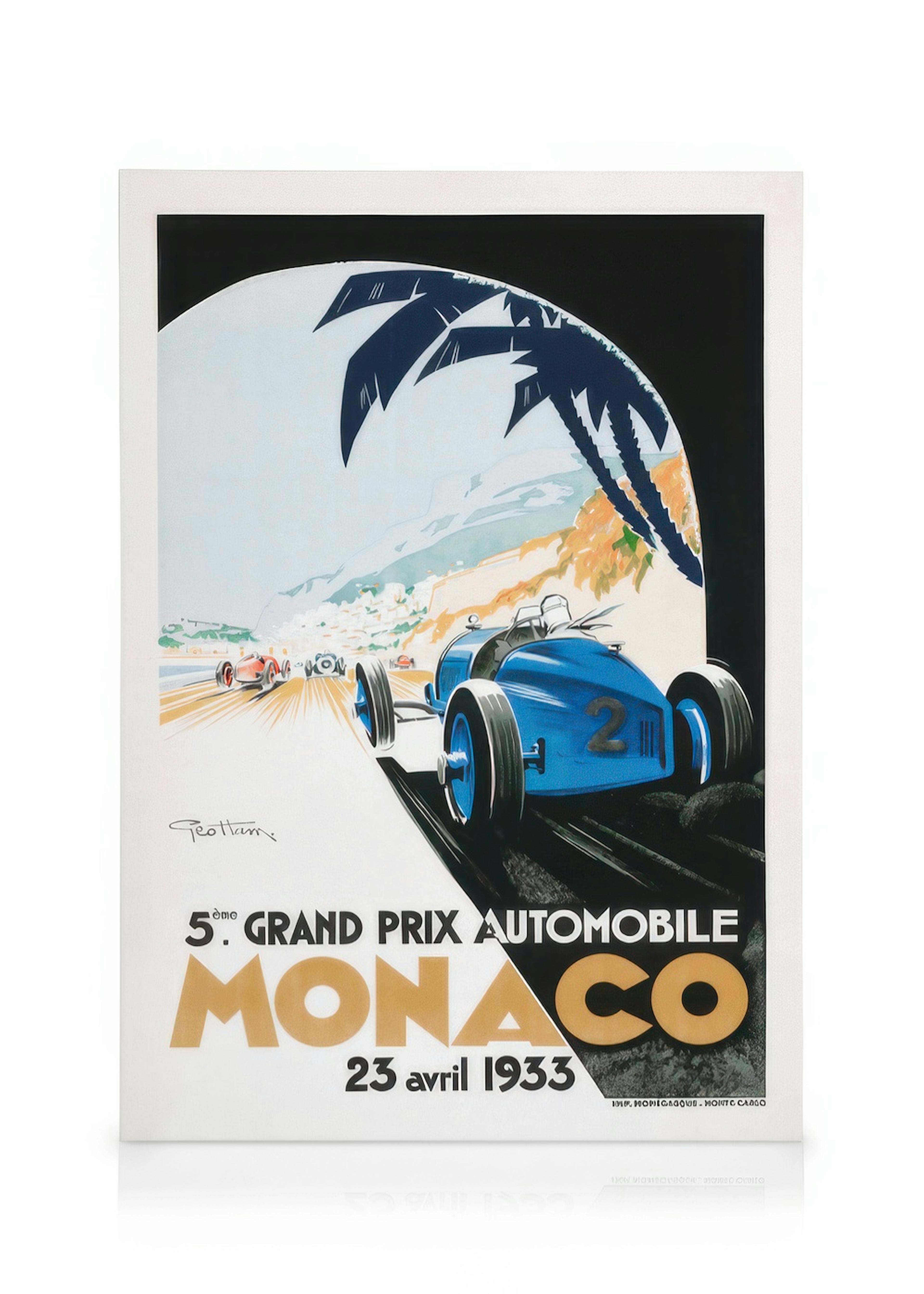 En canvastavla föreställande en vintage Grand Prix Monaco-affisch med en blå racerbil och palmer.