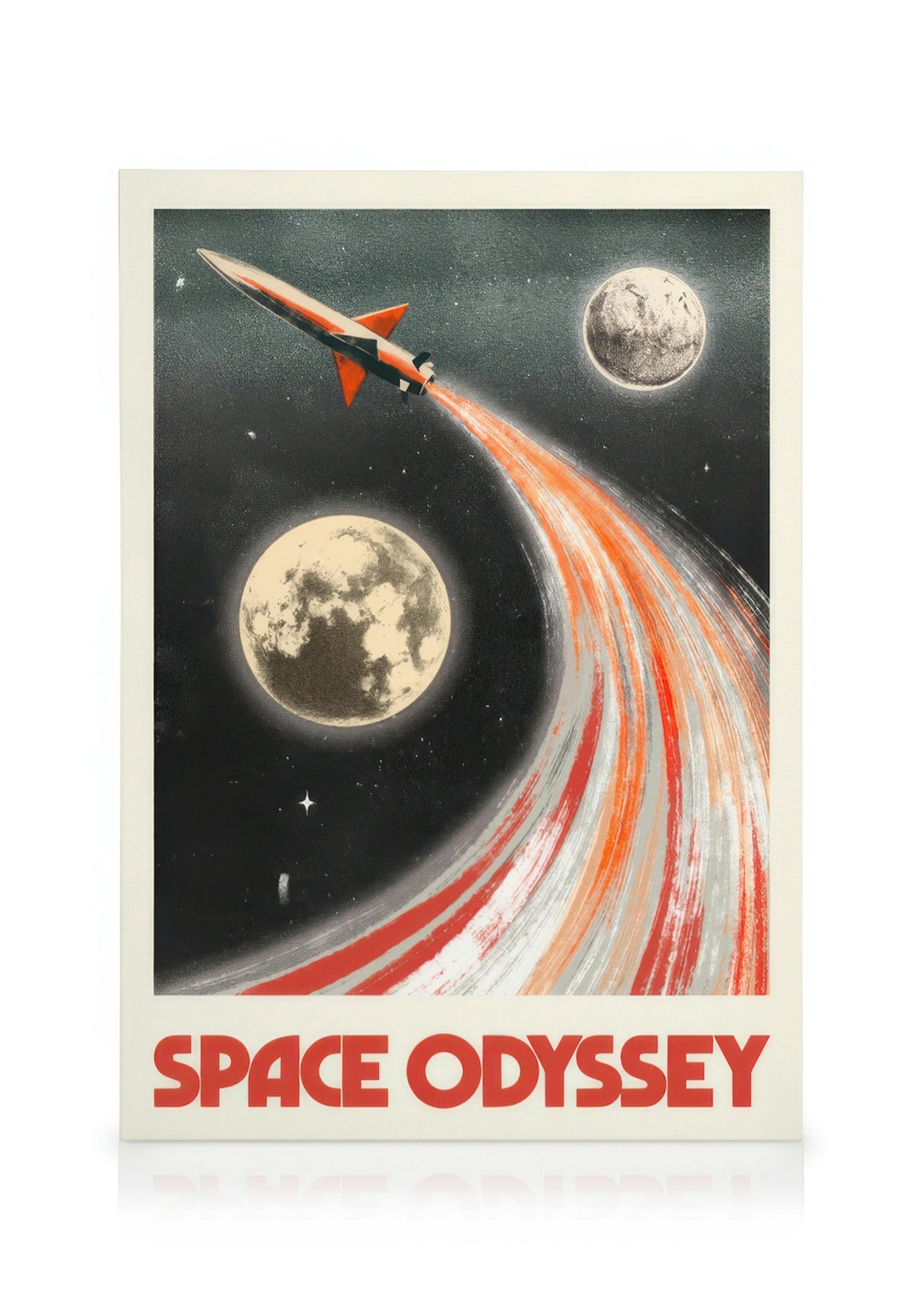 Leinwandbild: Ein retro-futuristisches Motiv mit einer Rakete, die mit rotem und weißem Schweif zwischen zwei Planeten fliegt. D