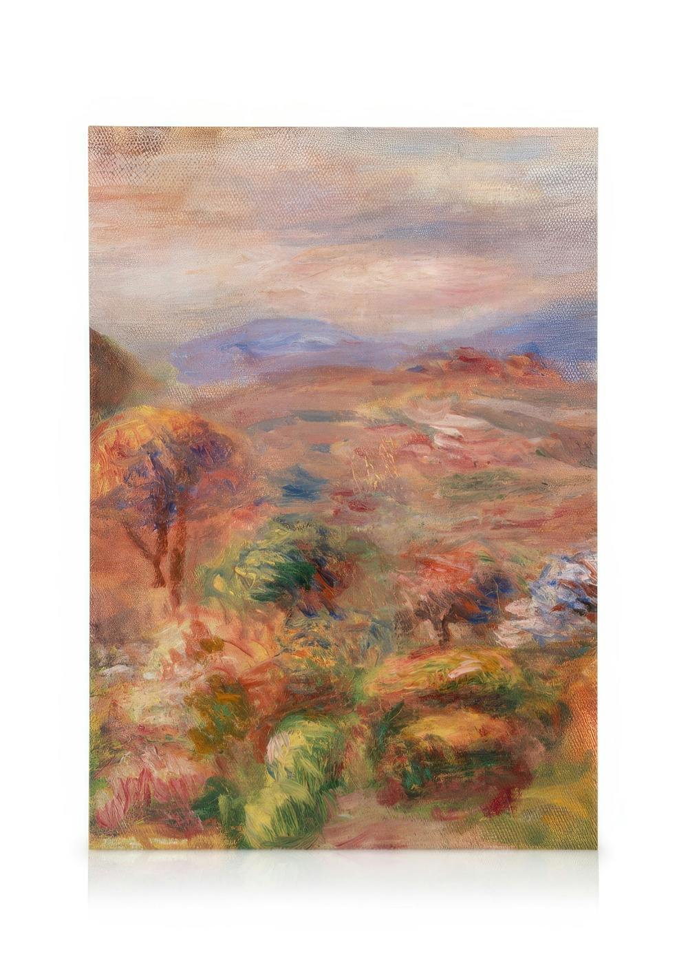 Leinwandbild mit impressionistischer Landschaft: Hügel, Bäume und Sträucher in Braun-, Grün- und Rottönen unter bewölktem Himmel