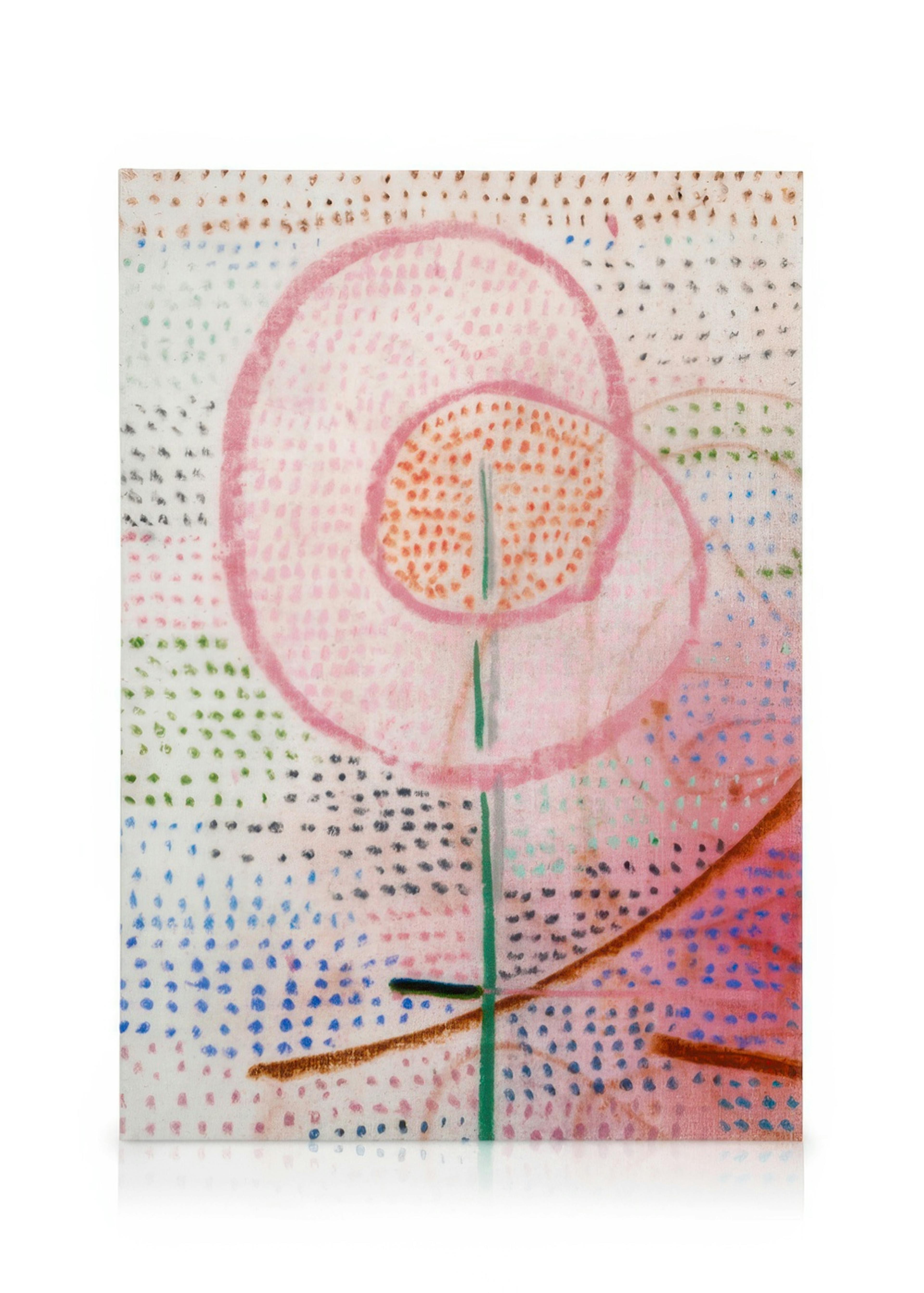 A canvas featuring an abstract flower with pink dots and outlines, green stem, and colorful dotted background.