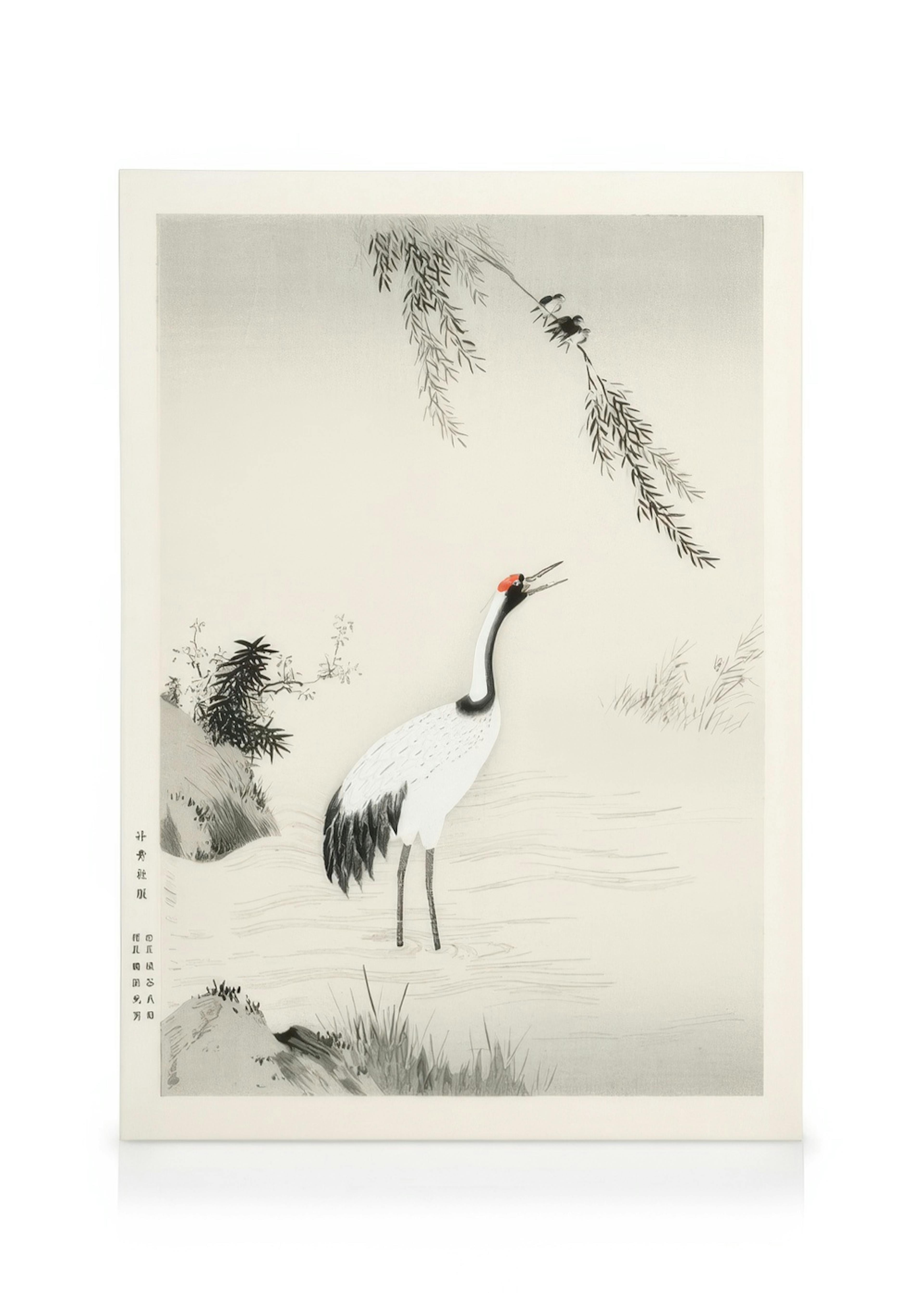 Japanese art canvas featuring a white crane with a red head in water under a willow tree.