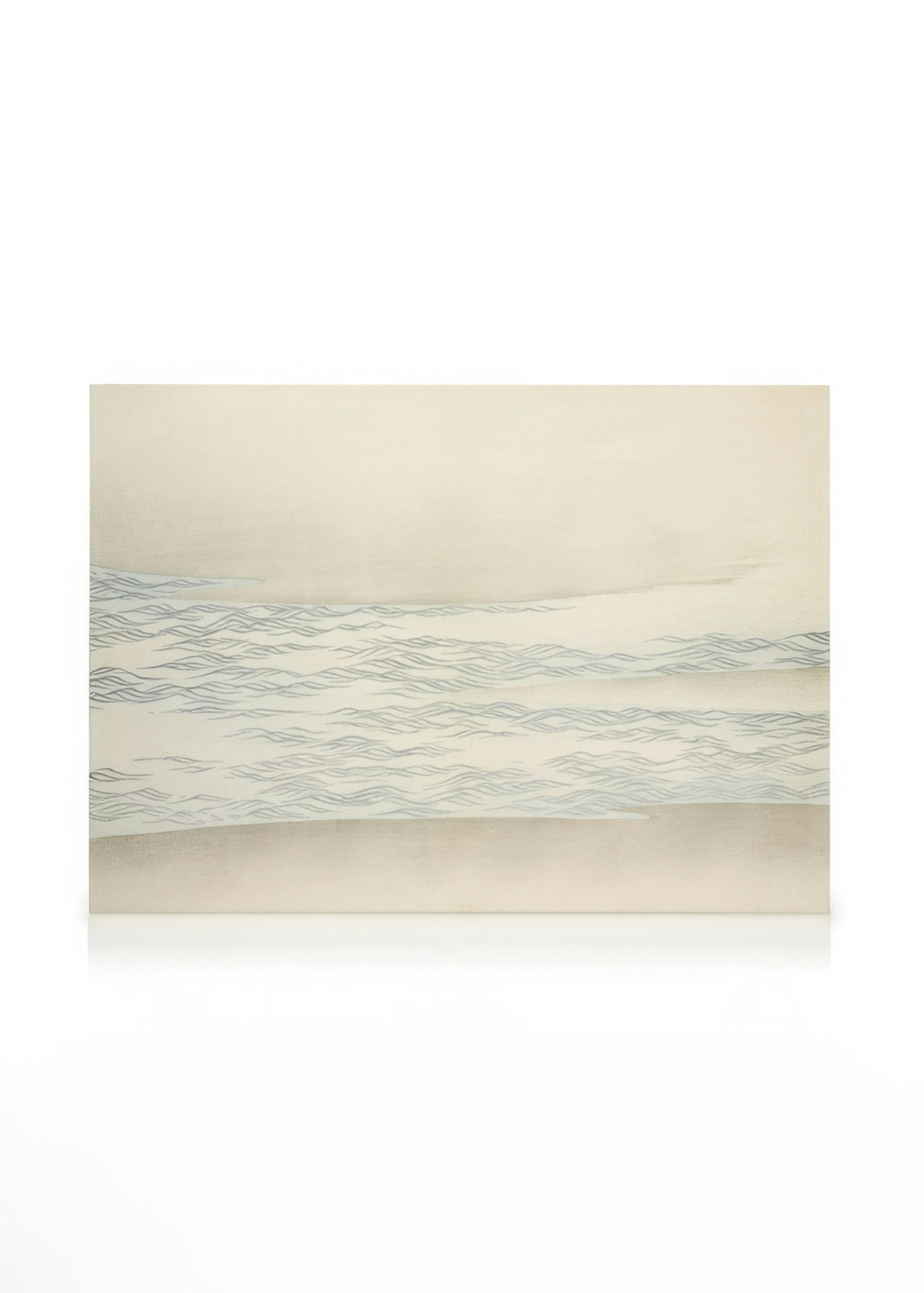 A canvas displaying a minimalist beige and light grey landscape with abstract waves and sand.