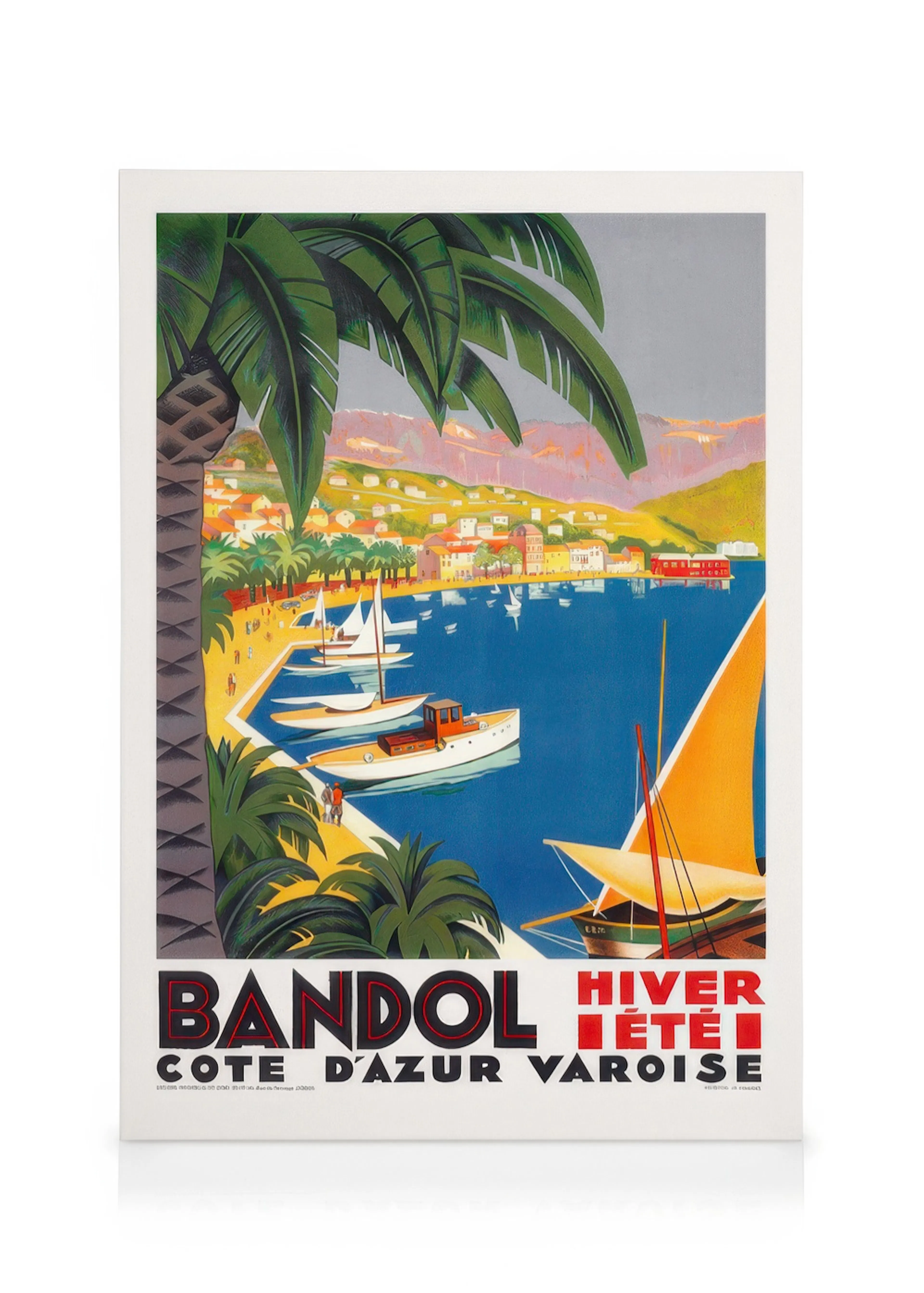 A vintage travel canvas of Bandol, Cote dAzur Varoise, depicting a vibrant harbour with boats, palm trees, and colourful hillsid