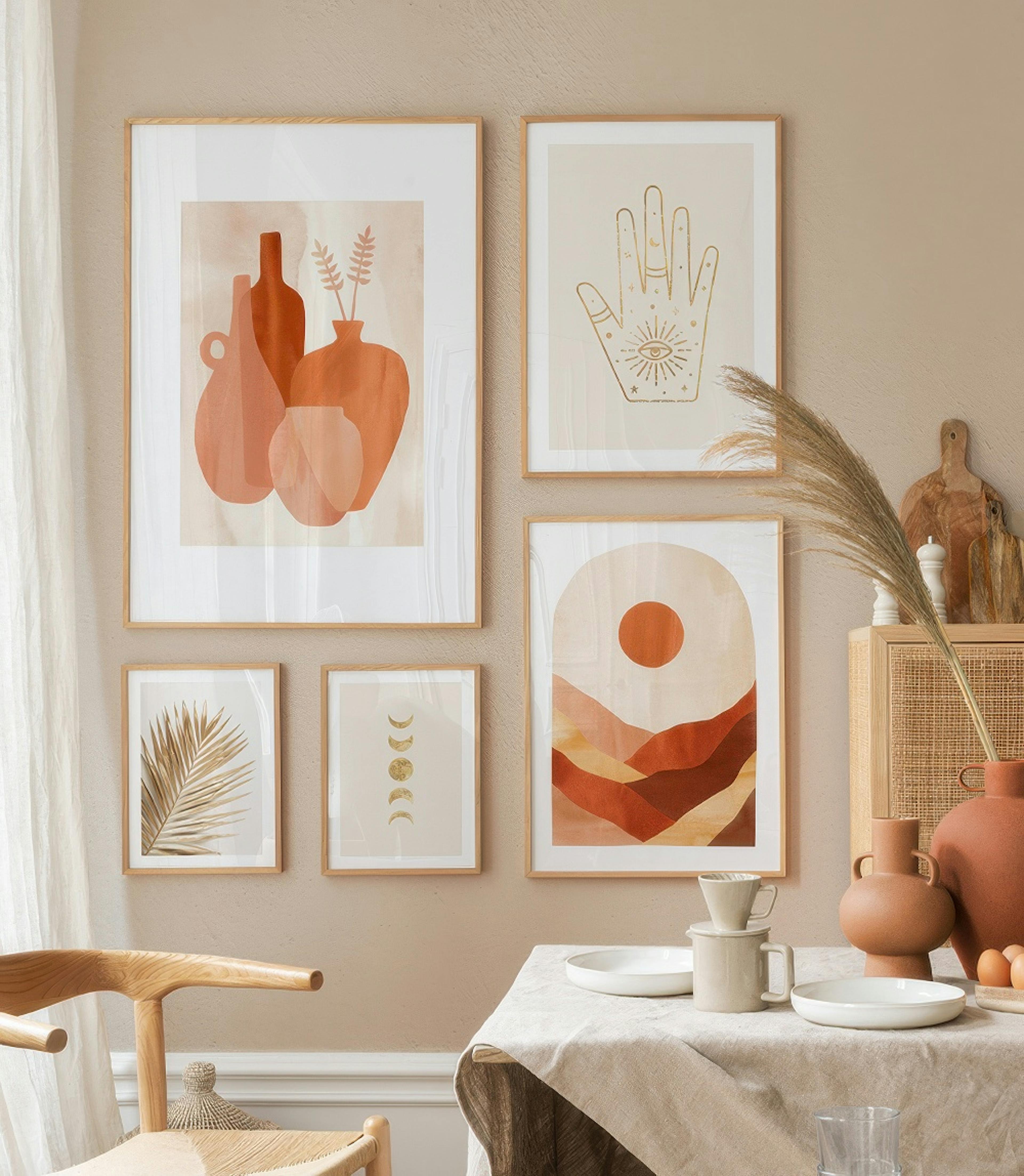 Illustrationen in warmen Farben und Eichenholzrahmen für das Esszimmer