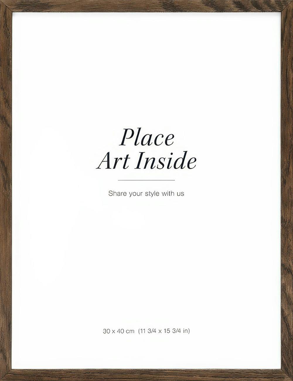 A poster with a dark brown wooden frame, and the text Place Art Inside in the center on a white background.