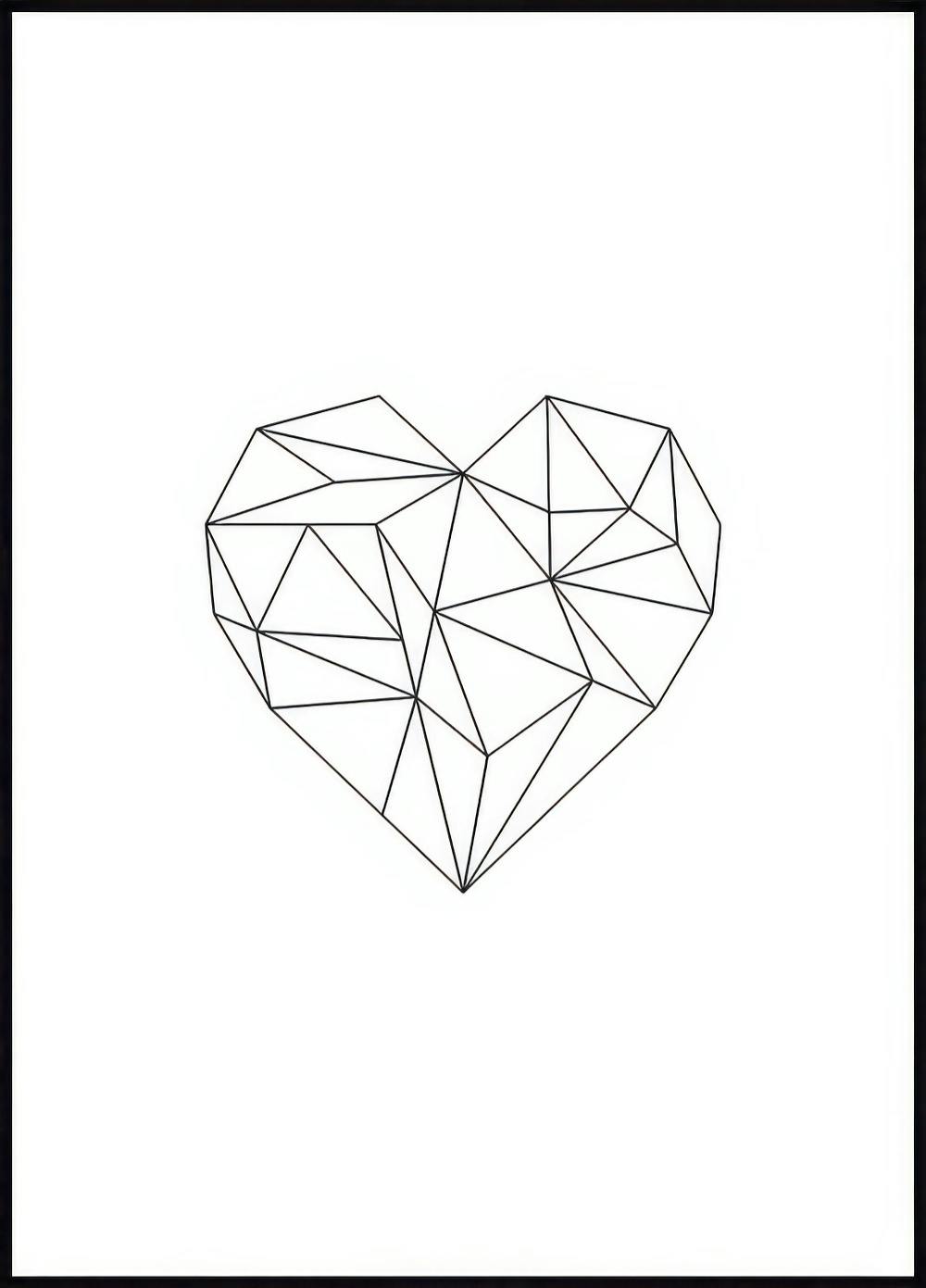 A poster of a black and white geometric heart made of connected triangles.