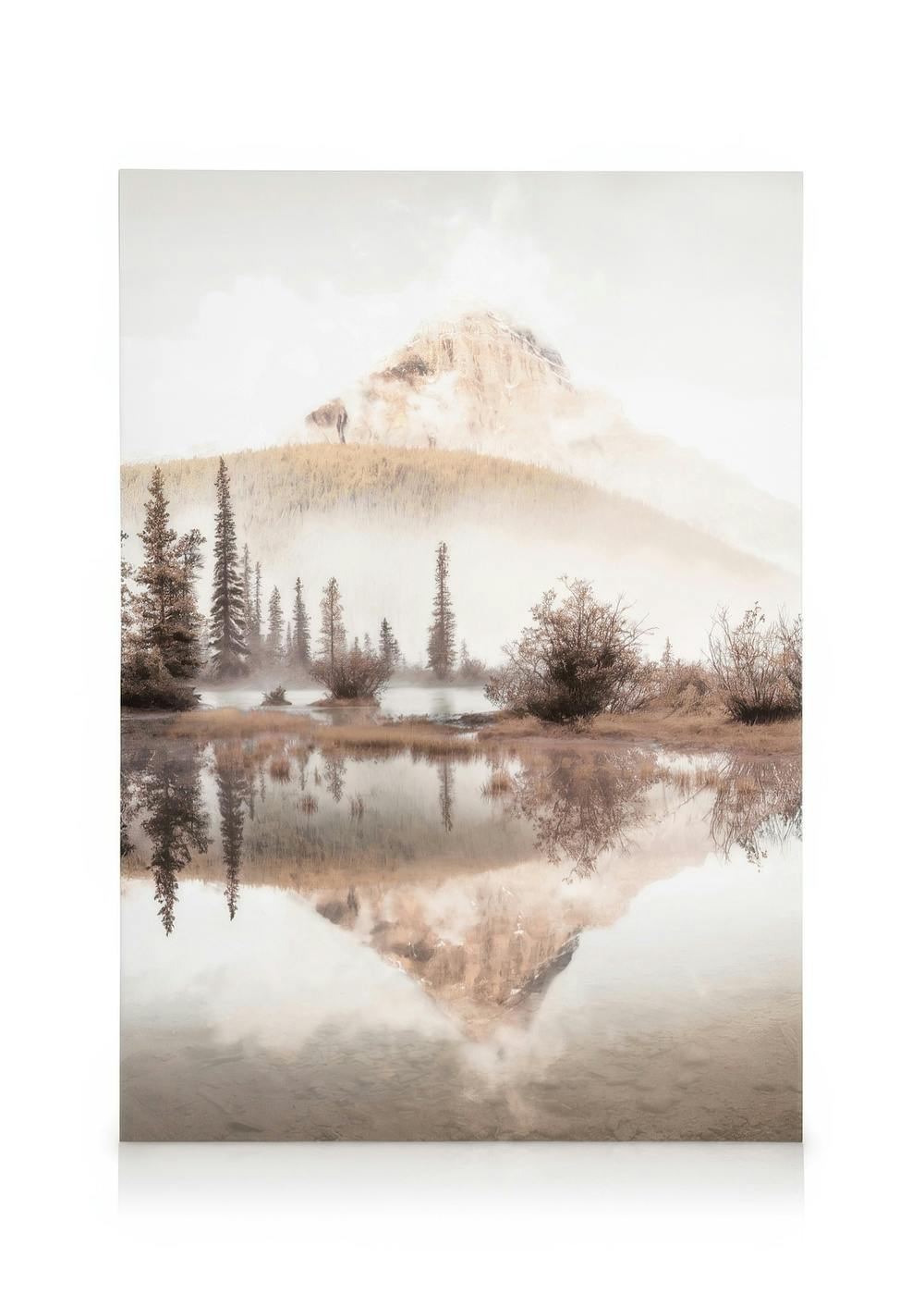 A canvas showing a misty mountain with its reflection in a calm lake, surrounded by autumn trees.