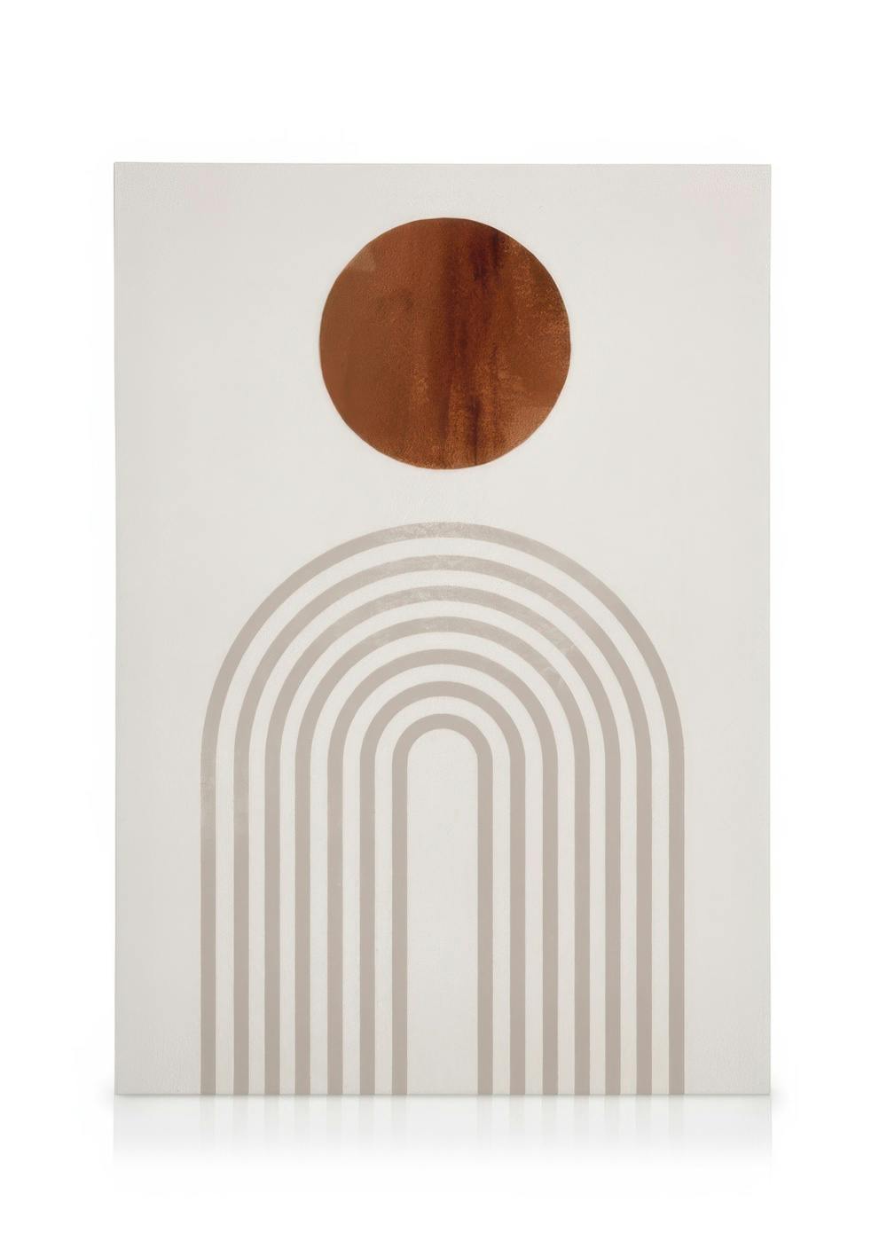 A canvas featuring a brown circle above a series of light gray arches on a white background.