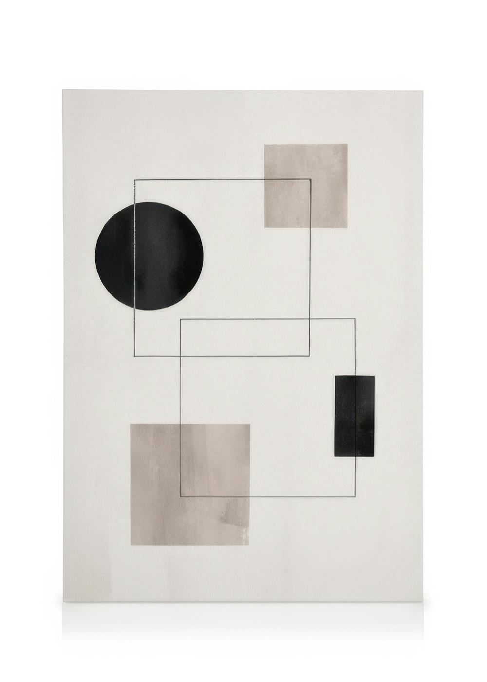 A minimalist geometric canvas with outlined rectangles, a black circle, and solid beige and black shapes.