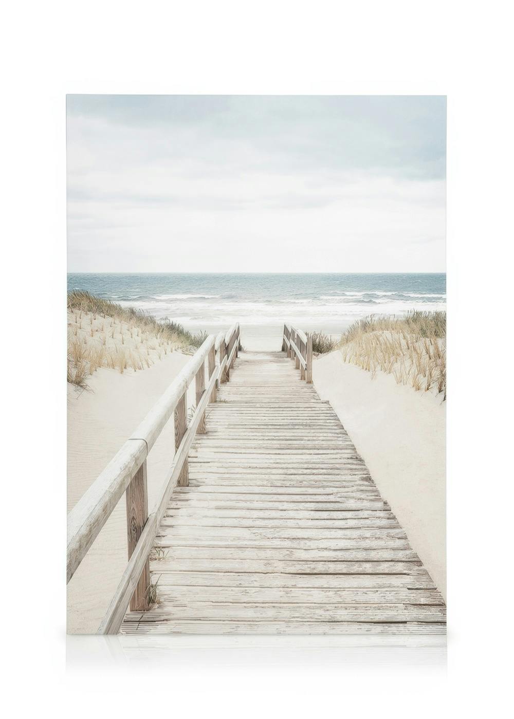 A canvas of a wooden boardwalk leading through sand dunes to a calm ocean under a cloudy sky.