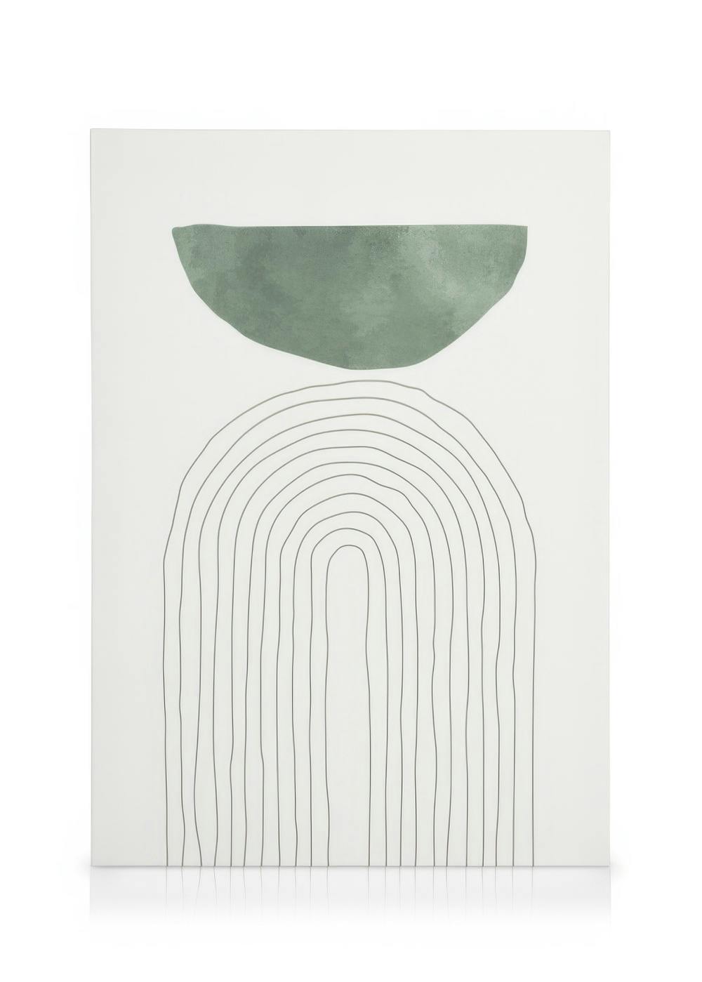 Toile abstraite avec une forme organique verte et des lignes grises formant un arc sur fond blanc.