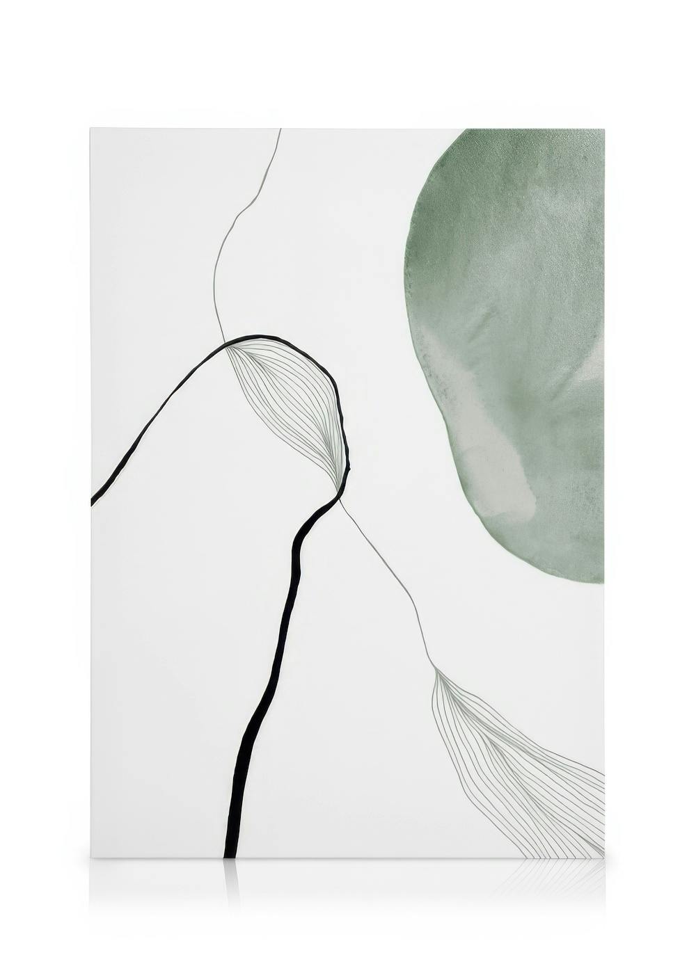 A canvas with a minimalist design featuring a green organic shape and flowing black and gray lines with leaf-like details.