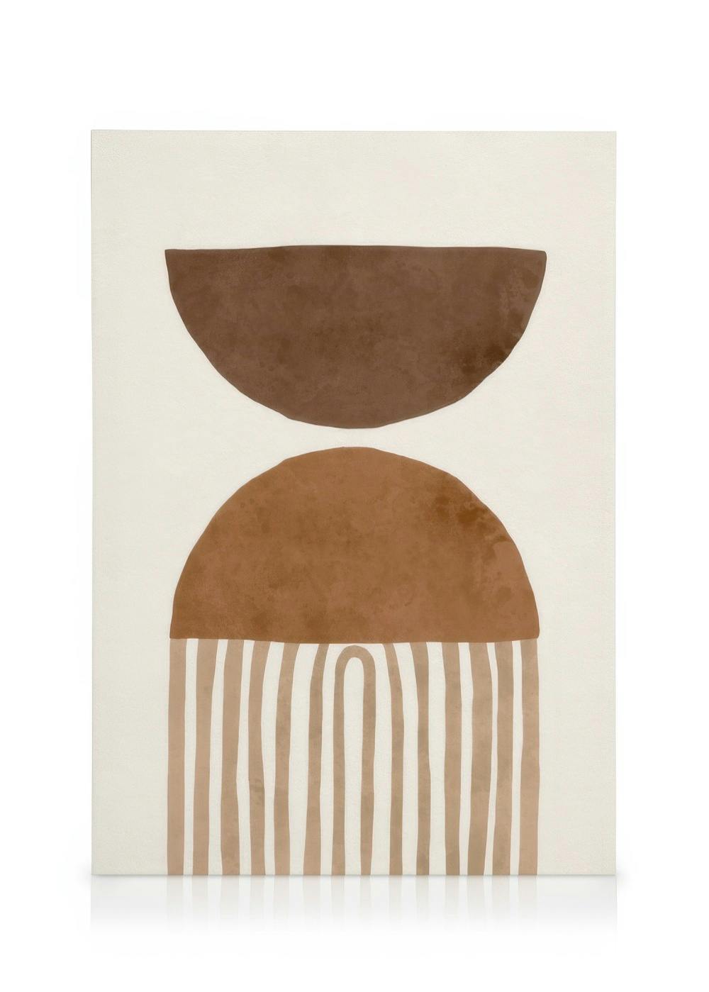 A canvas featuring a brown half-circle above a larger half-circle with vertical beige stripes on a light background.