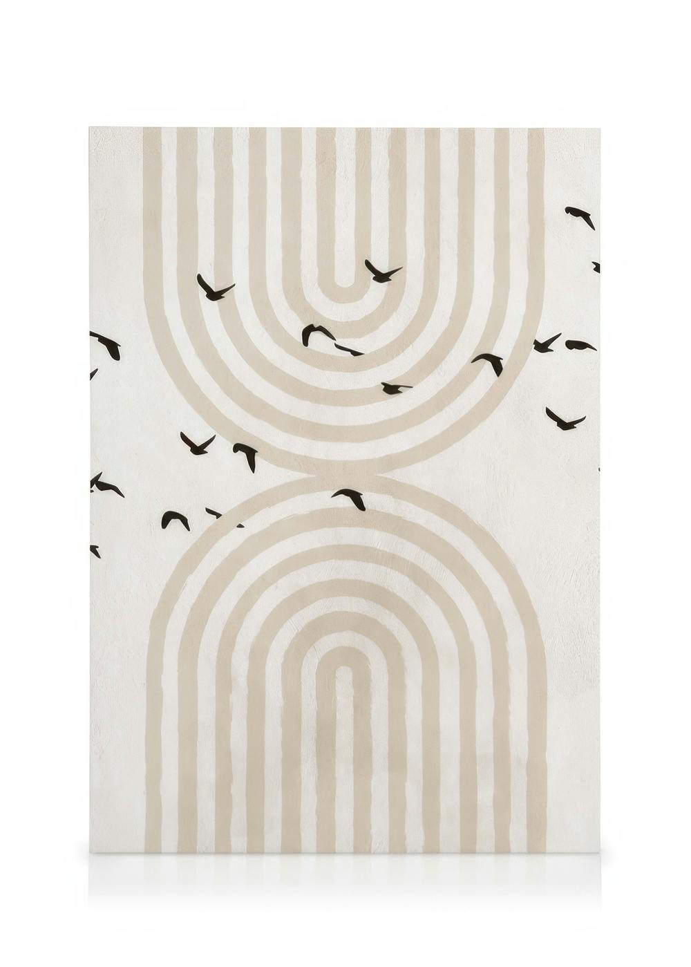 A canvas with a minimalist design featuring two beige arched shapes and black birds in flight on a white background.