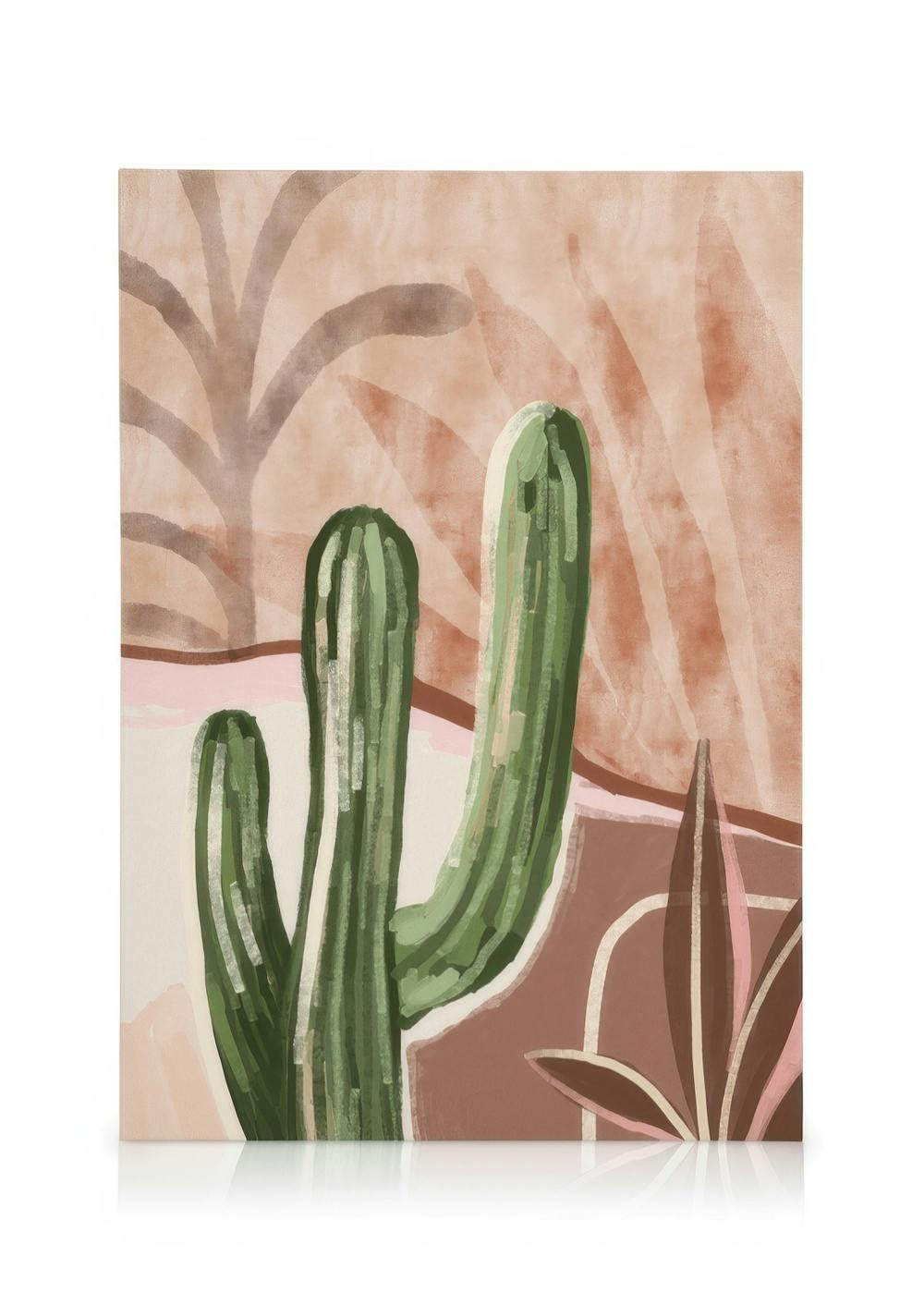 Toile représentant des cactus verts et des formes organiques marron et roses sur fond terre cuite.