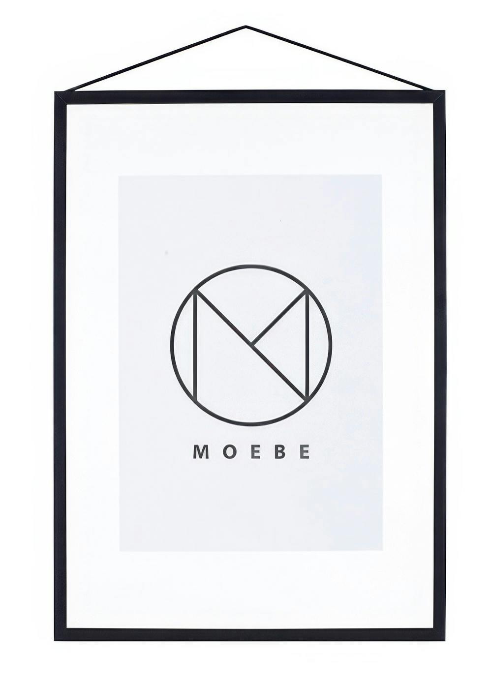 A poster featuring a black circular logo with an abstract M design and MOEBE text on a white background.