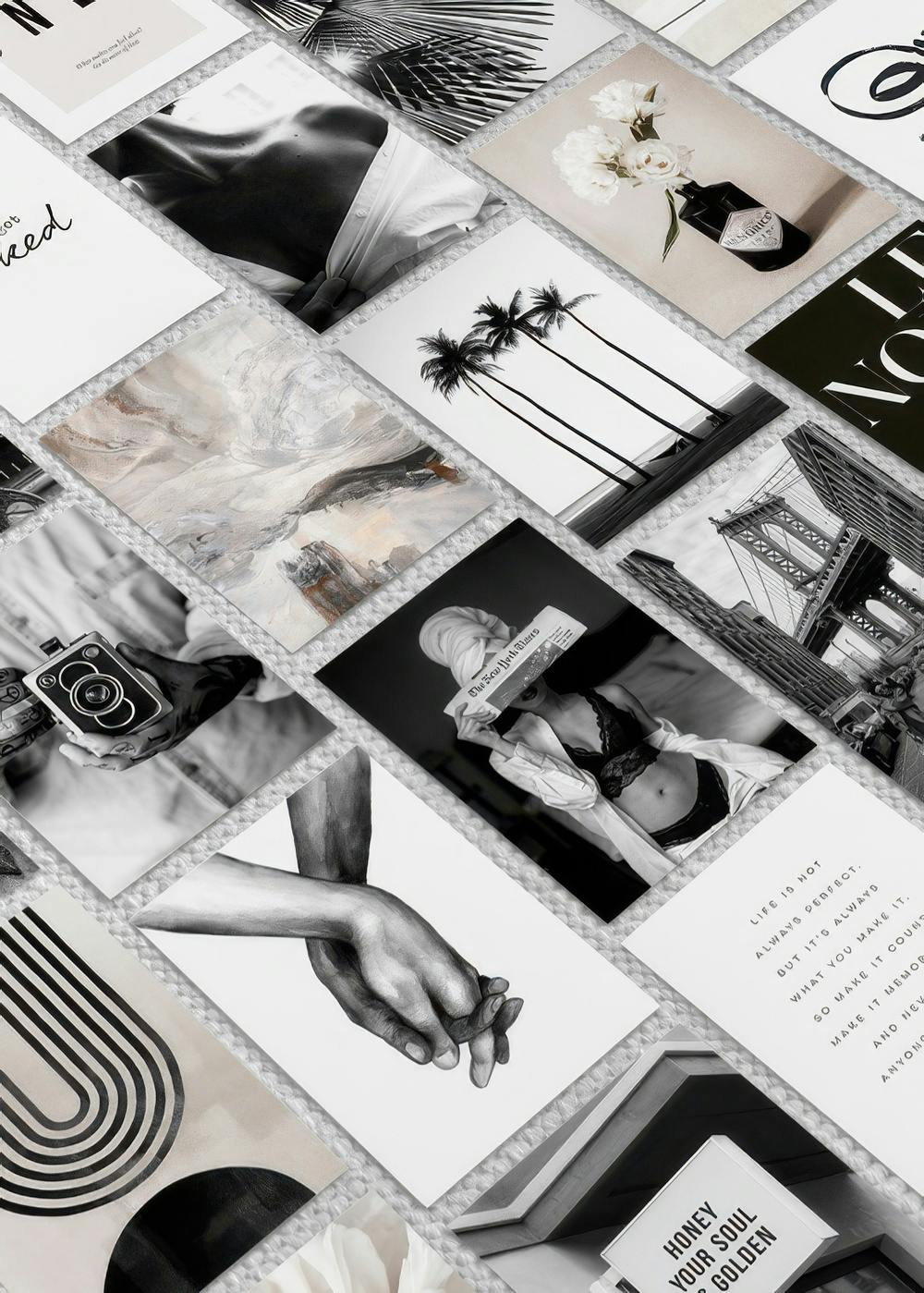 A collection of black and white aesthetic posters, featuring palms, abstract art, architecture, and lifestyle.