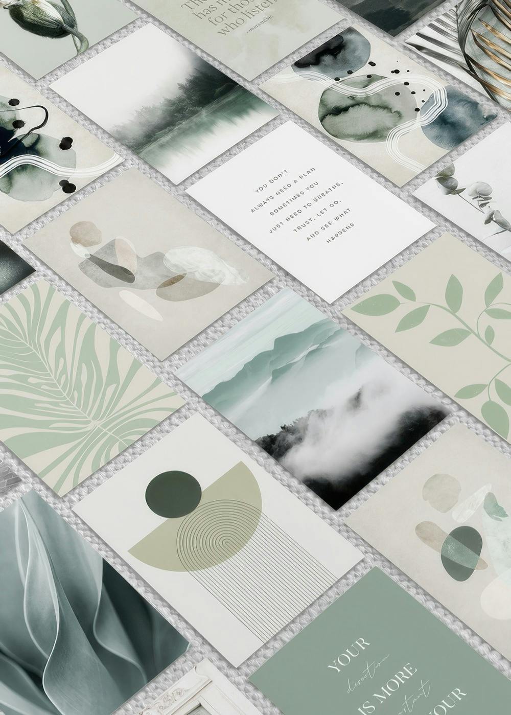 Een poster met een collage van verschillende ontwerpen, waaronder abstracte vormen, mistige landschappen en botanische illustrat