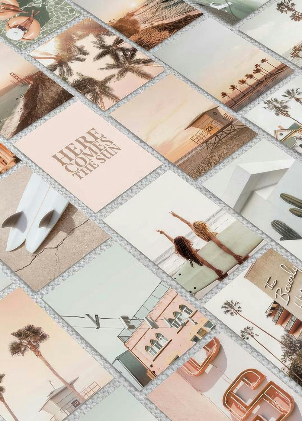 Poster con collage di immagini estive e californiane: palme, surfisti, spiagge e edifici in tonalità calde.
