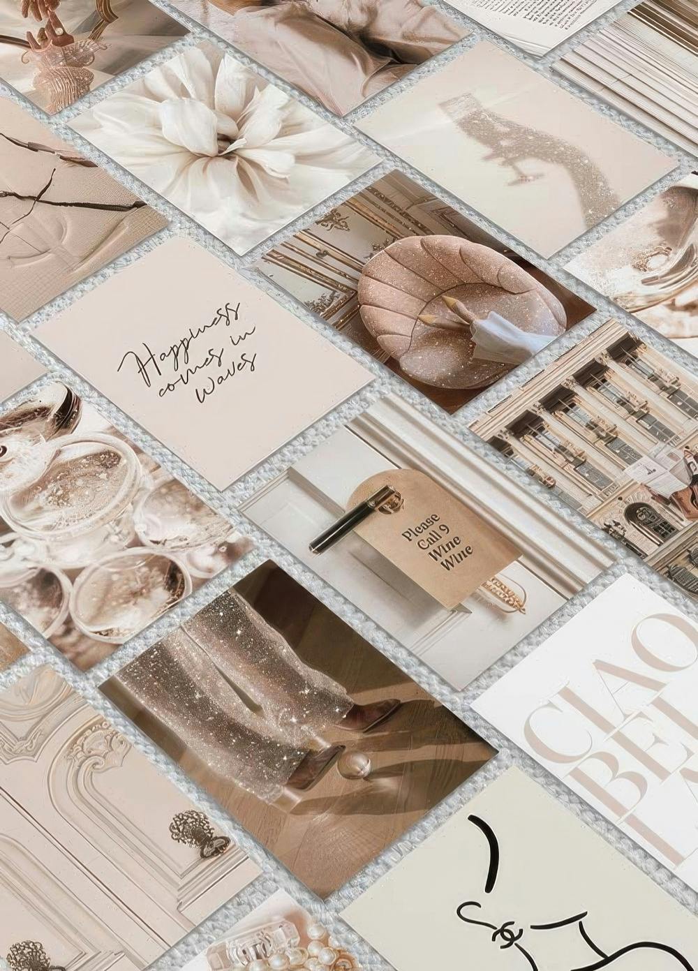 Un poster con tanti piccoli poster in stile beige e marrone, con immagini di fiori, scritte, e scarpe glitterate.