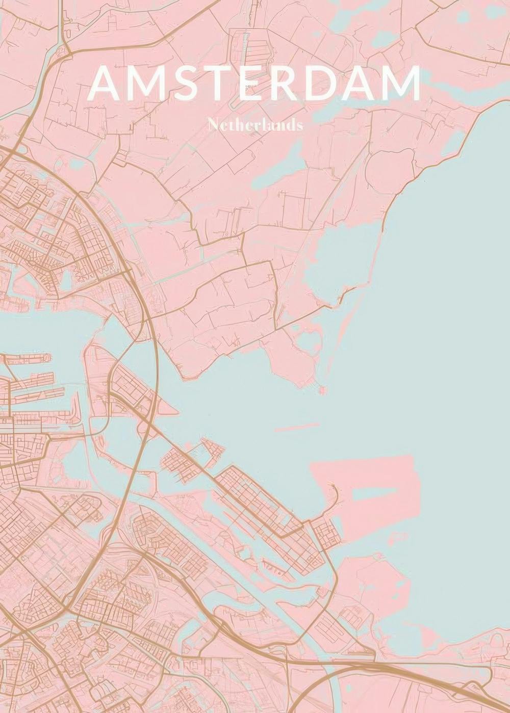 En personlig poster med en rosa karta över Amsterdam och ljusblå vattenytor.
