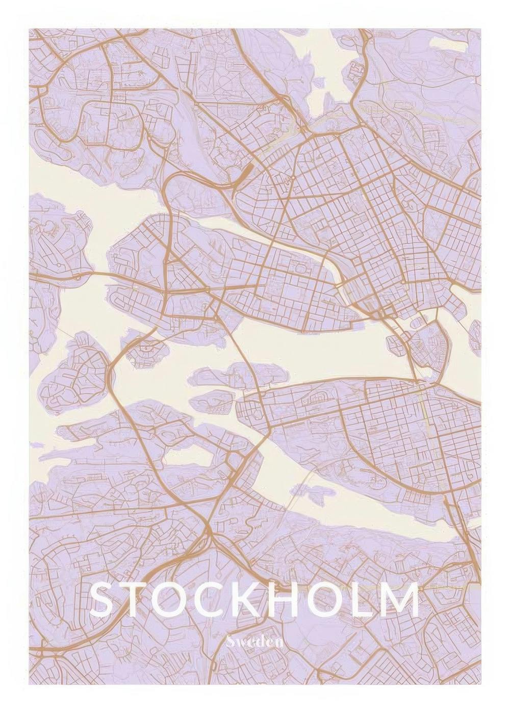 En personlig poster med en detaljerad karta över Stockholm i lila och beige toner.