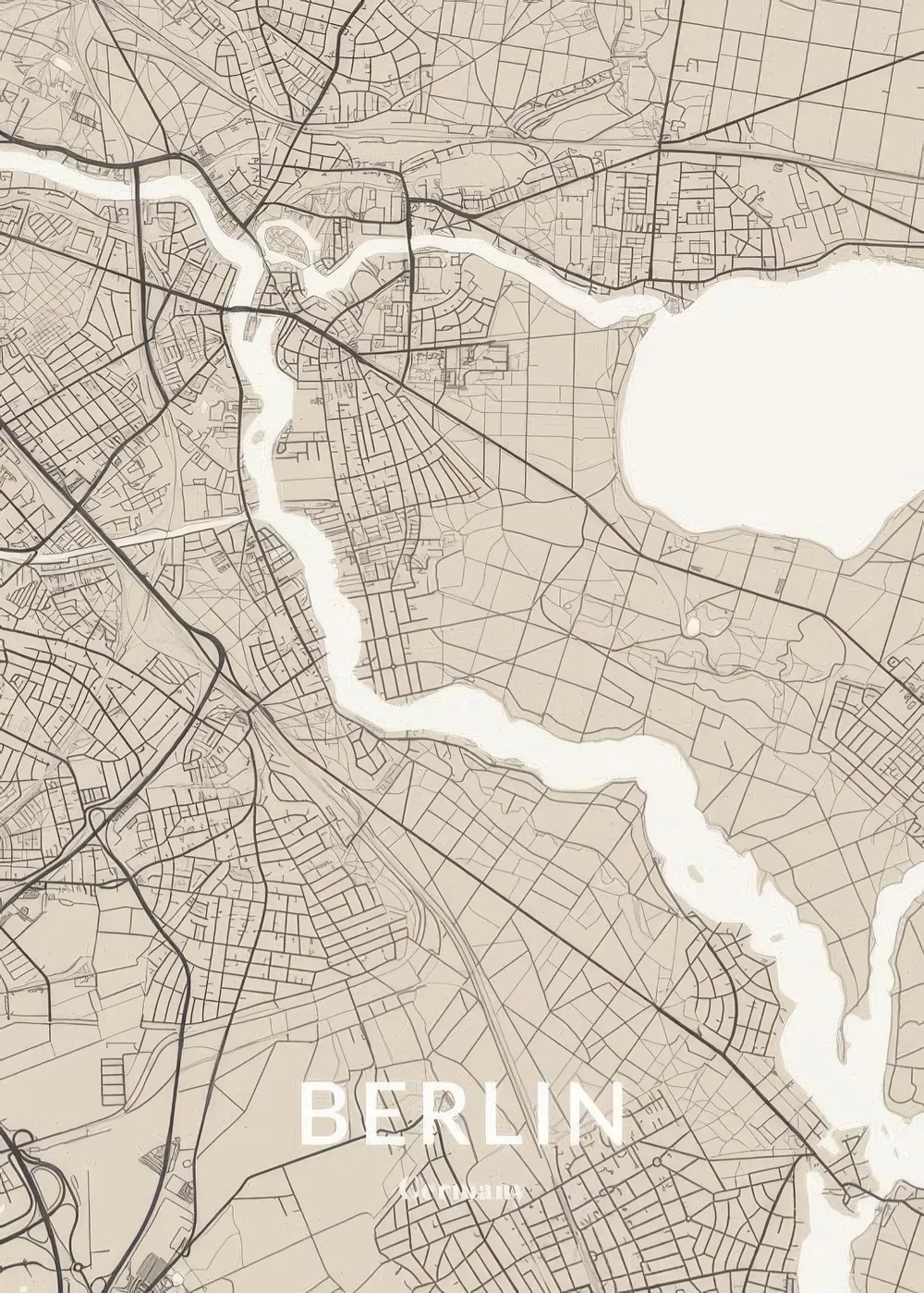 Ein personalisiertes Poster mit einer detaillierten Straßenkarte von Berlin in Schwarz- und Beigetönen.