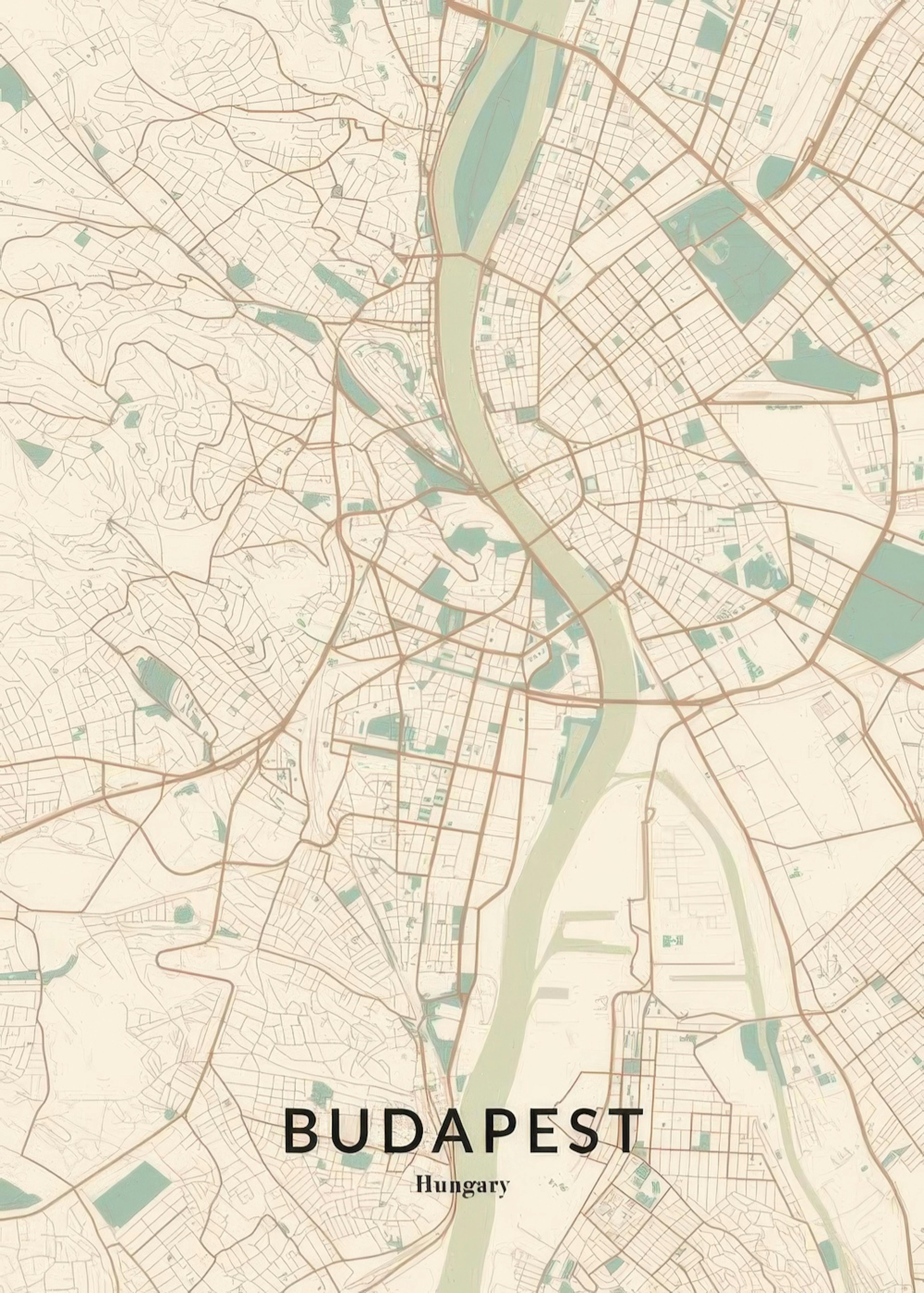 A personalized poster featuring a detailed map of Budapest, Hungary, in warm beige, brown, and light green tones.