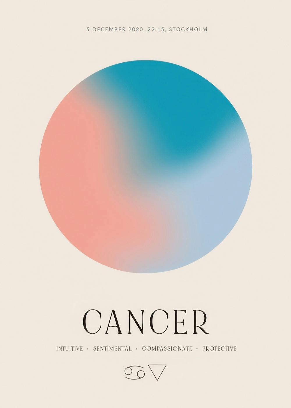 Póster personalizado con esfera de colores cálidos y fríos, texto CANCER y atributos del signo zodiacal.